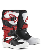 Botas Alpinestars Youth Tech 3S, botas de motocross para jóvenes, blanco, negro y rojo brillante, sistema de cierre de tres hebillas, placa de espinilla de TPU con logo de Alpinestars, parte superior de microfibra duradera y carcasa de pie reforzada para rendimiento todoterreno