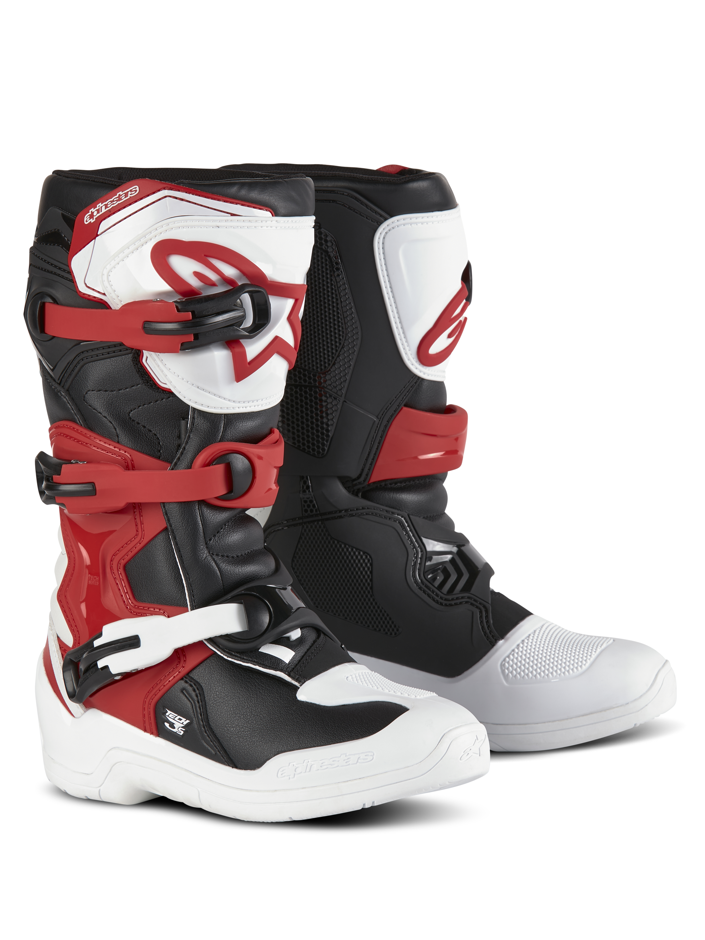 Botas Alpinestars Youth Tech 3S, botas de motocross para jóvenes, blanco, negro y rojo brillante, sistema de cierre de tres hebillas, placa de espinilla de TPU con logo de Alpinestars, parte superior de microfibra duradera y carcasa de pie reforzada para rendimiento todoterreno