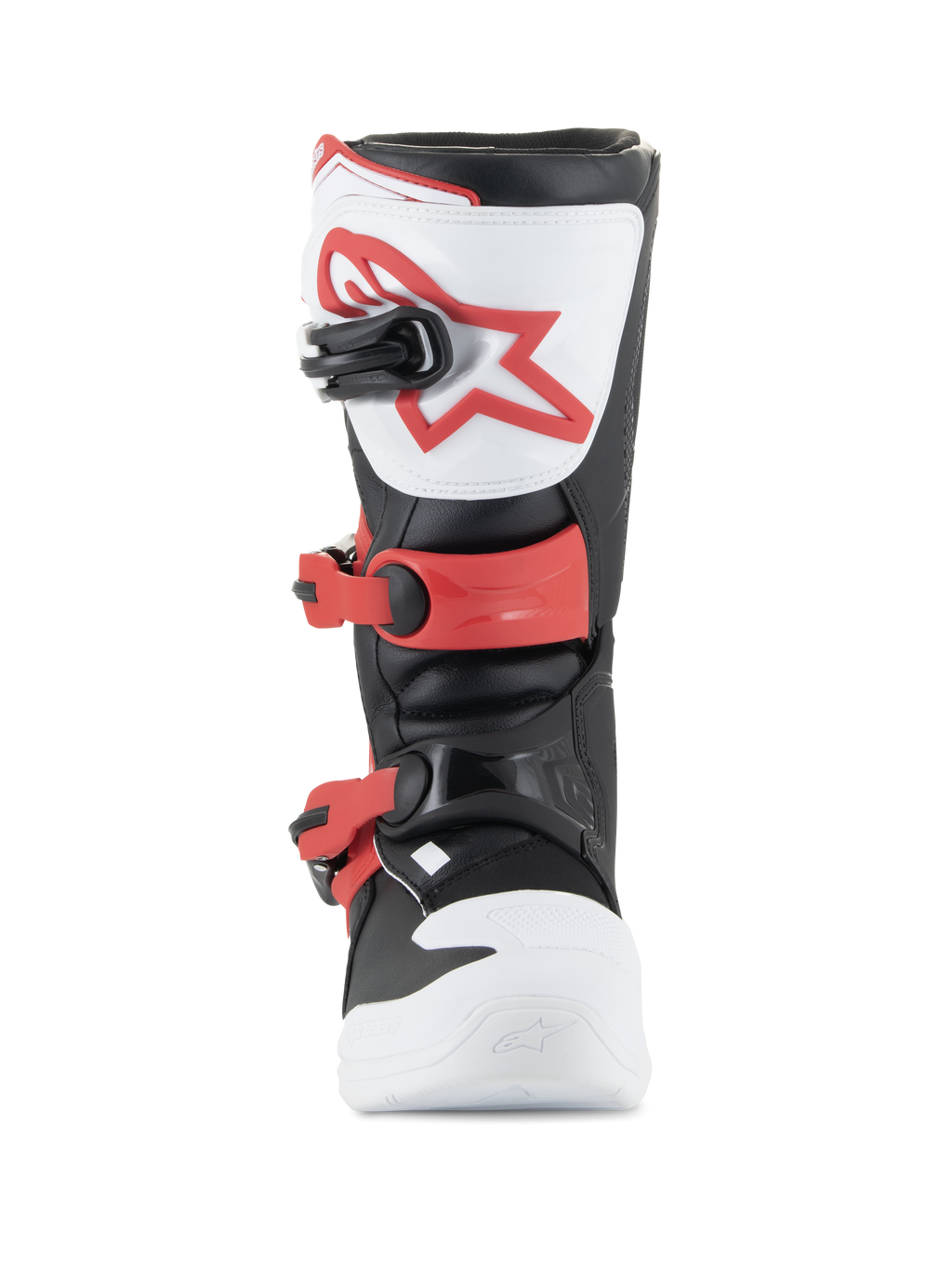 Botas Alpinestars Youth Tech 3S, botas de motocross, blanco, negro y rojo brillante, vista frontal que muestra la placa de espinillera de TPU con logo rojo, hebillas rojas ajustables y construcción de microfibra duradera para pilotos jóvenes