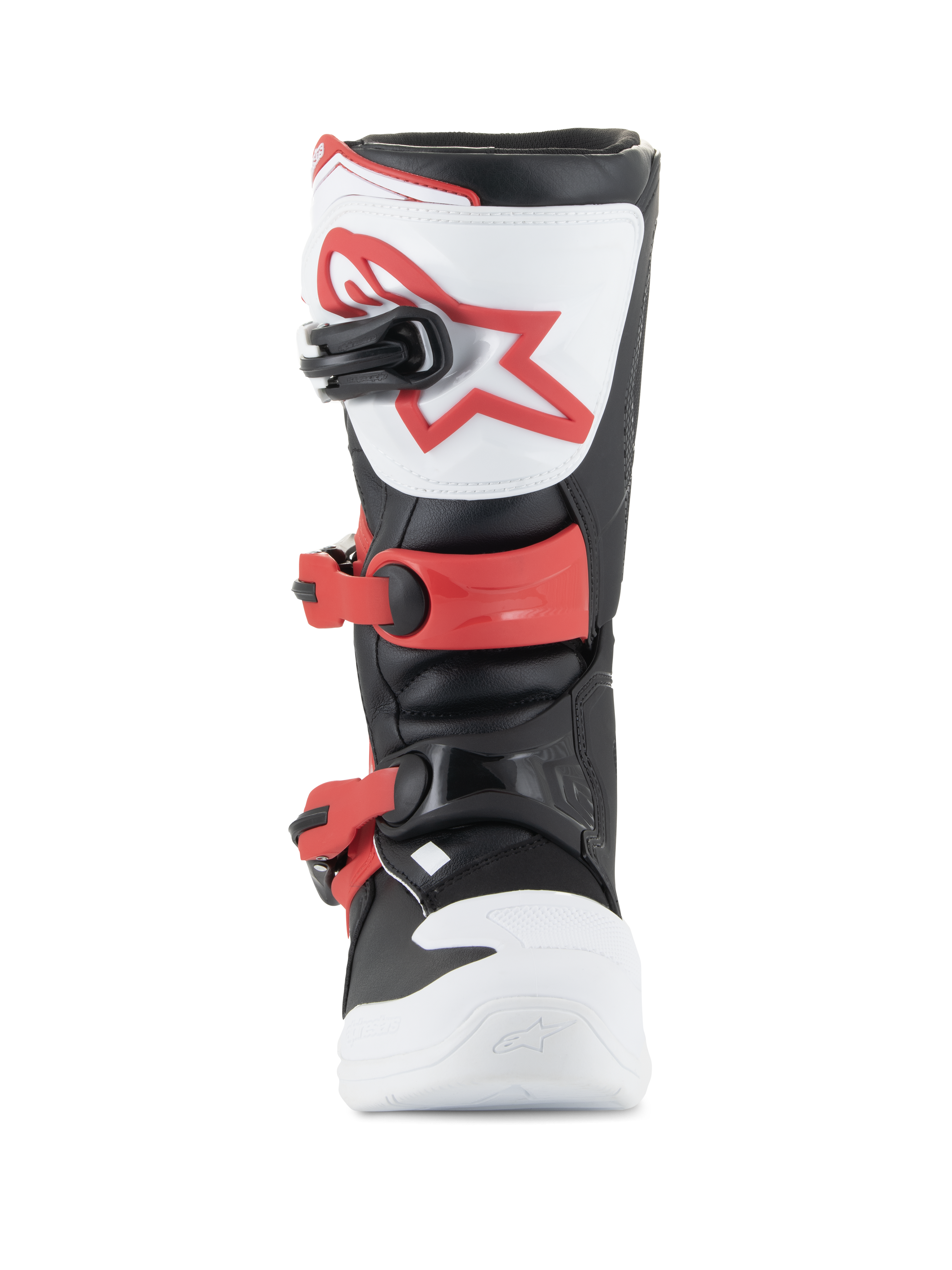 Botas Alpinestars Youth Tech 3S, botas de motocross, blanco, negro y rojo brillante, vista frontal que muestra la placa de espinillera de TPU con logo rojo, hebillas rojas ajustables y construcción de microfibra duradera para pilotos jóvenes