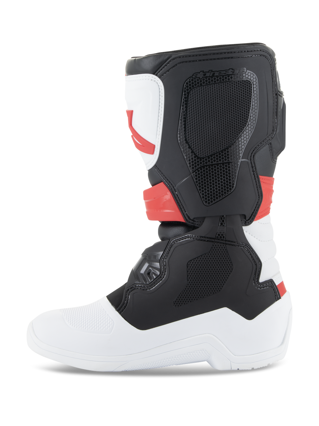Botas Alpinestars Youth Tech 3S, botas de motocross, blanco, negro y rojo brillante, vista de perfil lateral, con paneles protectores de TPU duraderos y parte superior de microfibra, suela y puntera blancas con sección de la pantorrilla en negro y detalles en rojo brillante, calzado protector todoterreno para jóvenes pilotos