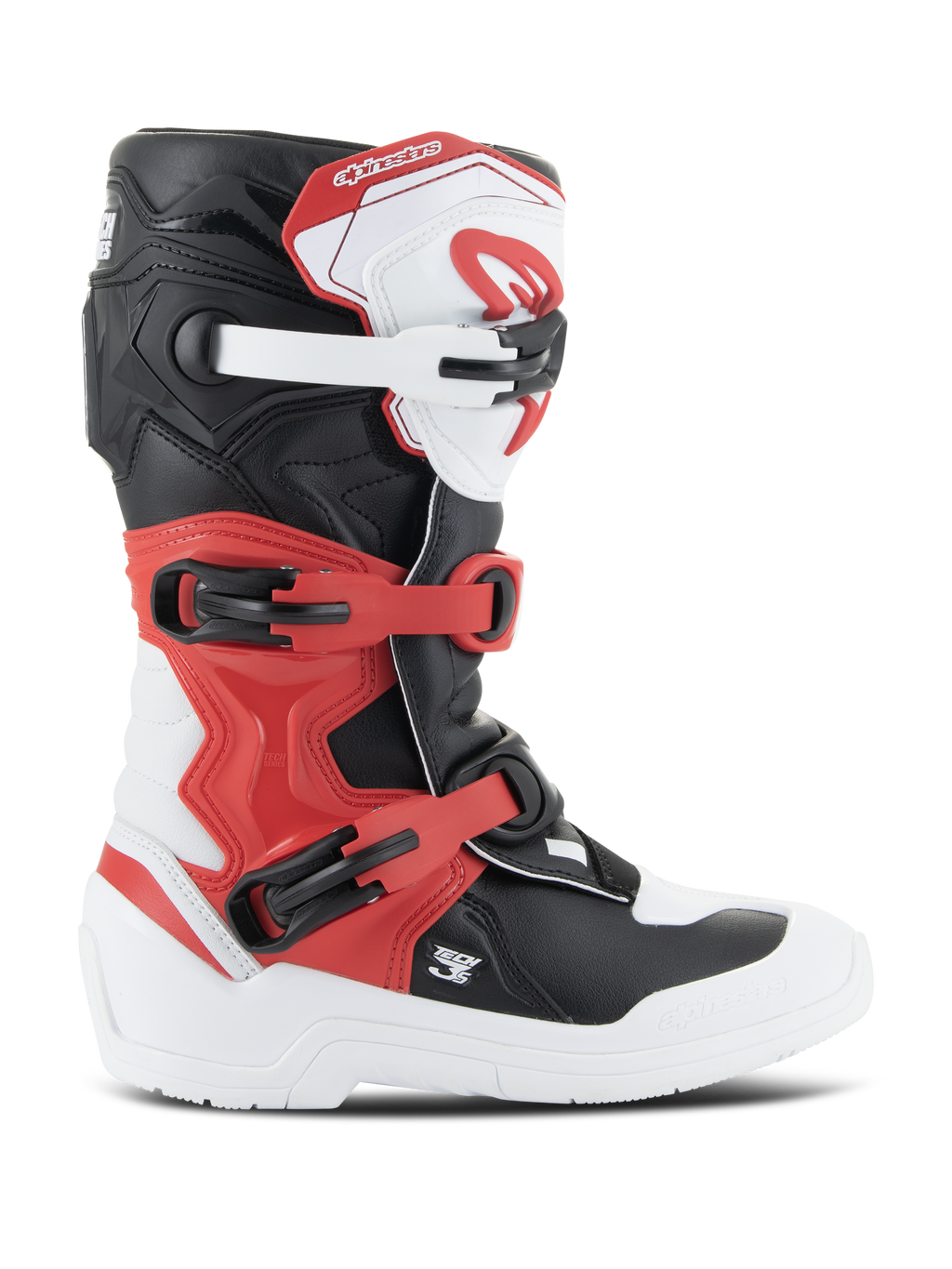 Botas Alpinestars Youth Tech 3S, botas de motocross, blanco, negro y rojo brillante, vista de perfil lateral, con un sistema de cierre de múltiples hebillas, placa de espinillera reforzada y suela blanca duradera, equipo de protección todoterreno para jóvenes