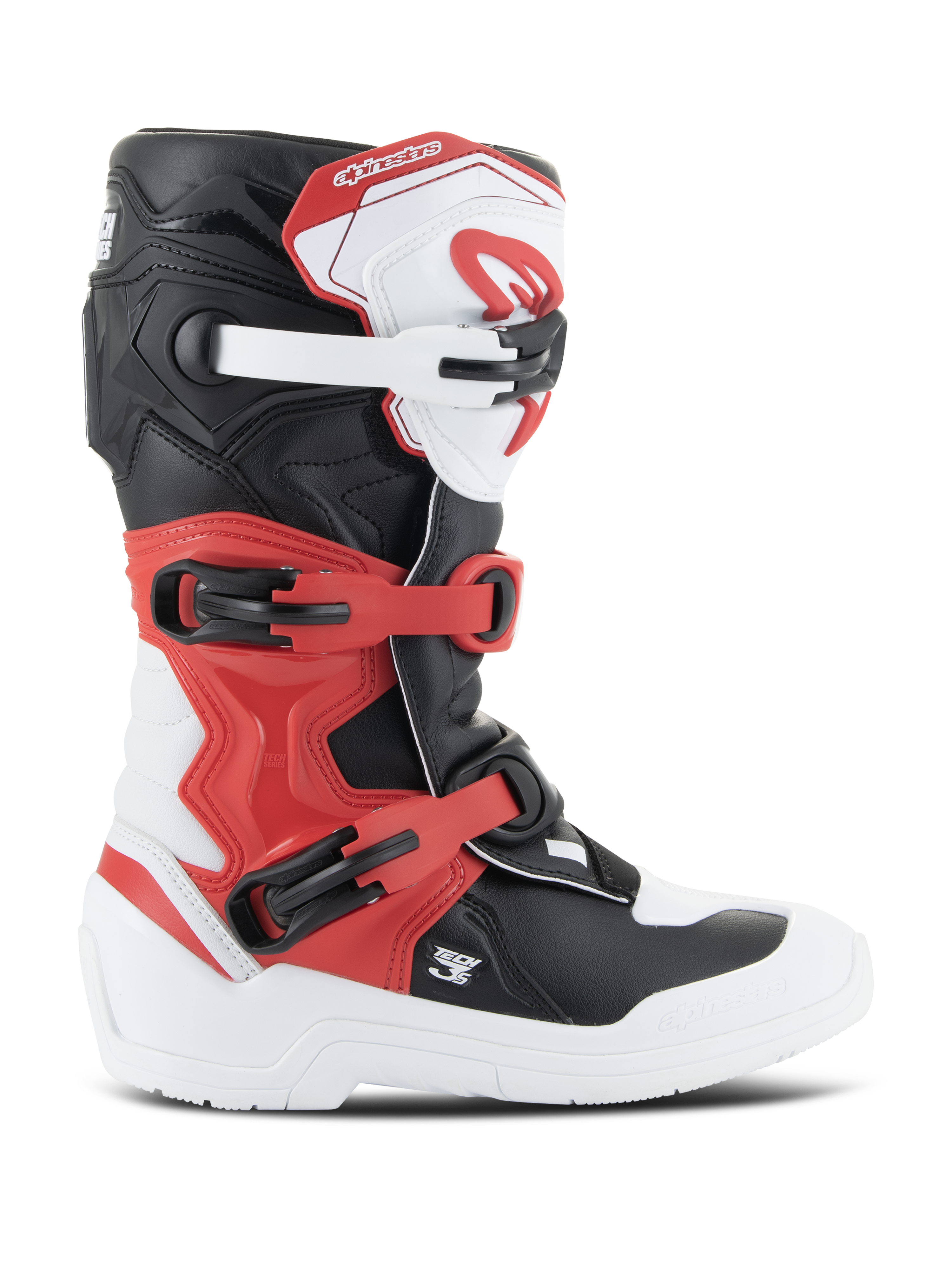 Botas Alpinestars Youth Tech 3S, botas de motocross, blanco, negro y rojo brillante, vista de perfil lateral, con un sistema de cierre de múltiples hebillas, placa de espinillera reforzada y suela blanca duradera, equipo de protección todoterreno para jóvenes