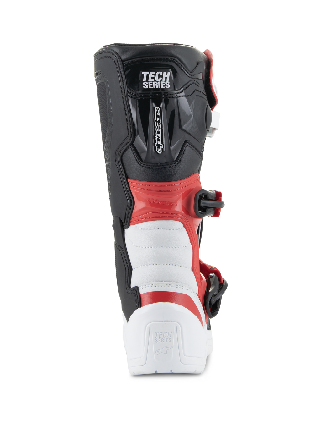 Botas Alpinestars Youth Tech 3S, botas de motocross, blanco, negro y rojo brillante, vista trasera que muestra la marca 'TECH SERIES', protección reforzada en el talón y la pantorrilla, construcción de microfibra duradera para carreras todoterreno