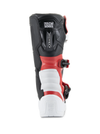 Botas Alpinestars Youth Tech 3S, botas de motocross, blanco, negro y rojo brillante, vista trasera que muestra la marca 'TECH SERIES', protección reforzada en el talón y la pantorrilla, construcción de microfibra duradera para carreras todoterreno