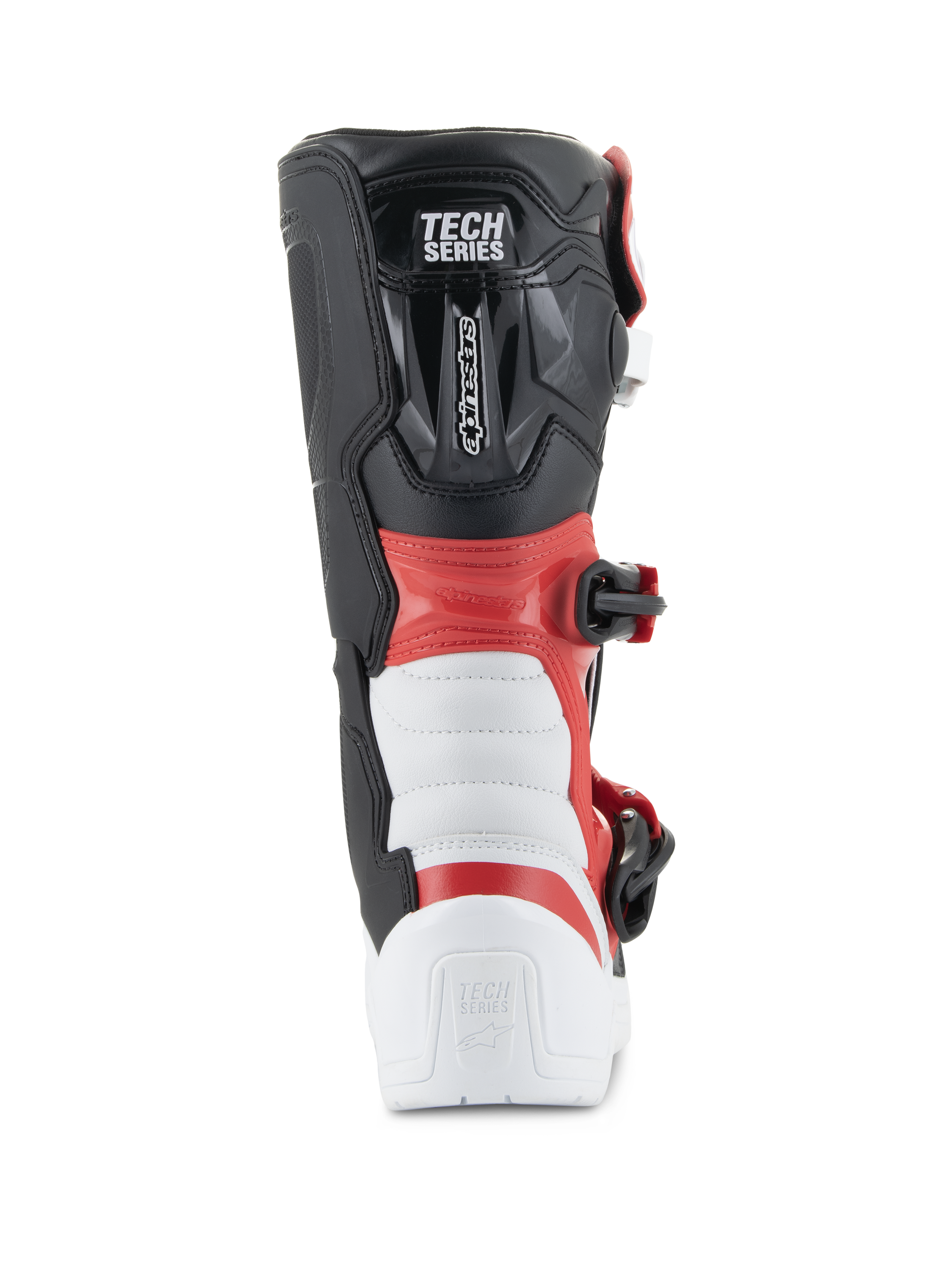 Botas Alpinestars Youth Tech 3S, botas de motocross, blanco, negro y rojo brillante, vista trasera que muestra la marca 'TECH SERIES', protección reforzada en el talón y la pantorrilla, construcción de microfibra duradera para carreras todoterreno
