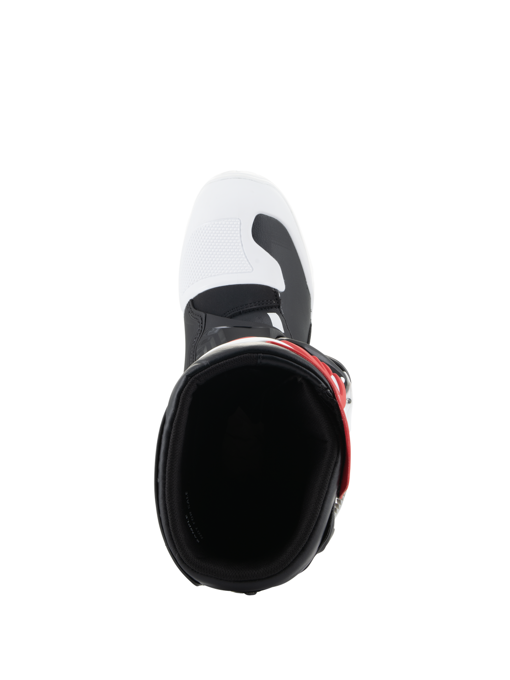 Botas Alpinestars Youth Tech 3S, botas de motocross, blanco, negro y rojo brillante, vista superior hacia la abertura de la bota, con puntera blanca con detalles negros y detalle de correa roja, diseñadas para jóvenes pilotos.