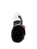 Botas Alpinestars Youth Tech 3S, botas de motocross, blanco, negro y rojo brillante, vista superior hacia la abertura de la bota, con puntera blanca con detalles negros y detalle de correa roja, diseñadas para jóvenes pilotos.