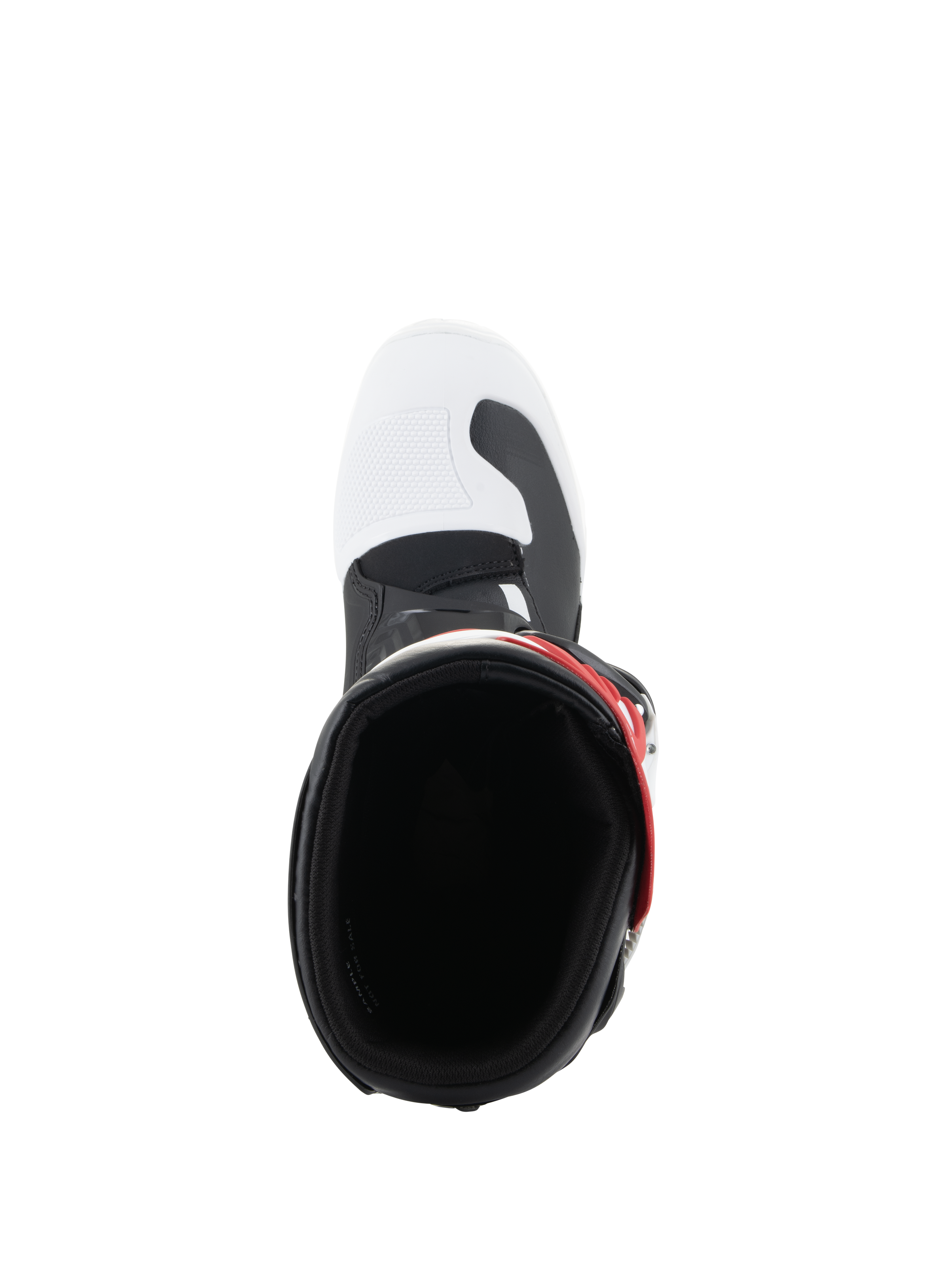 Botas Alpinestars Youth Tech 3S, botas de motocross, blanco, negro y rojo brillante, vista superior hacia la abertura de la bota, con puntera blanca con detalles negros y detalle de correa roja, diseñadas para jóvenes pilotos.