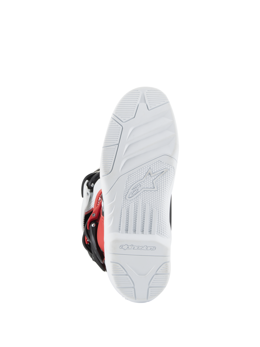 Botas Alpinestars Youth Tech 3S, botas de motocross, blanco, negro y rojo brillante, vista de la suela que muestra la banda de rodadura blanca texturizada con logotipo y marca Alpinestars moldeados, suela duradera para rendimiento off-road