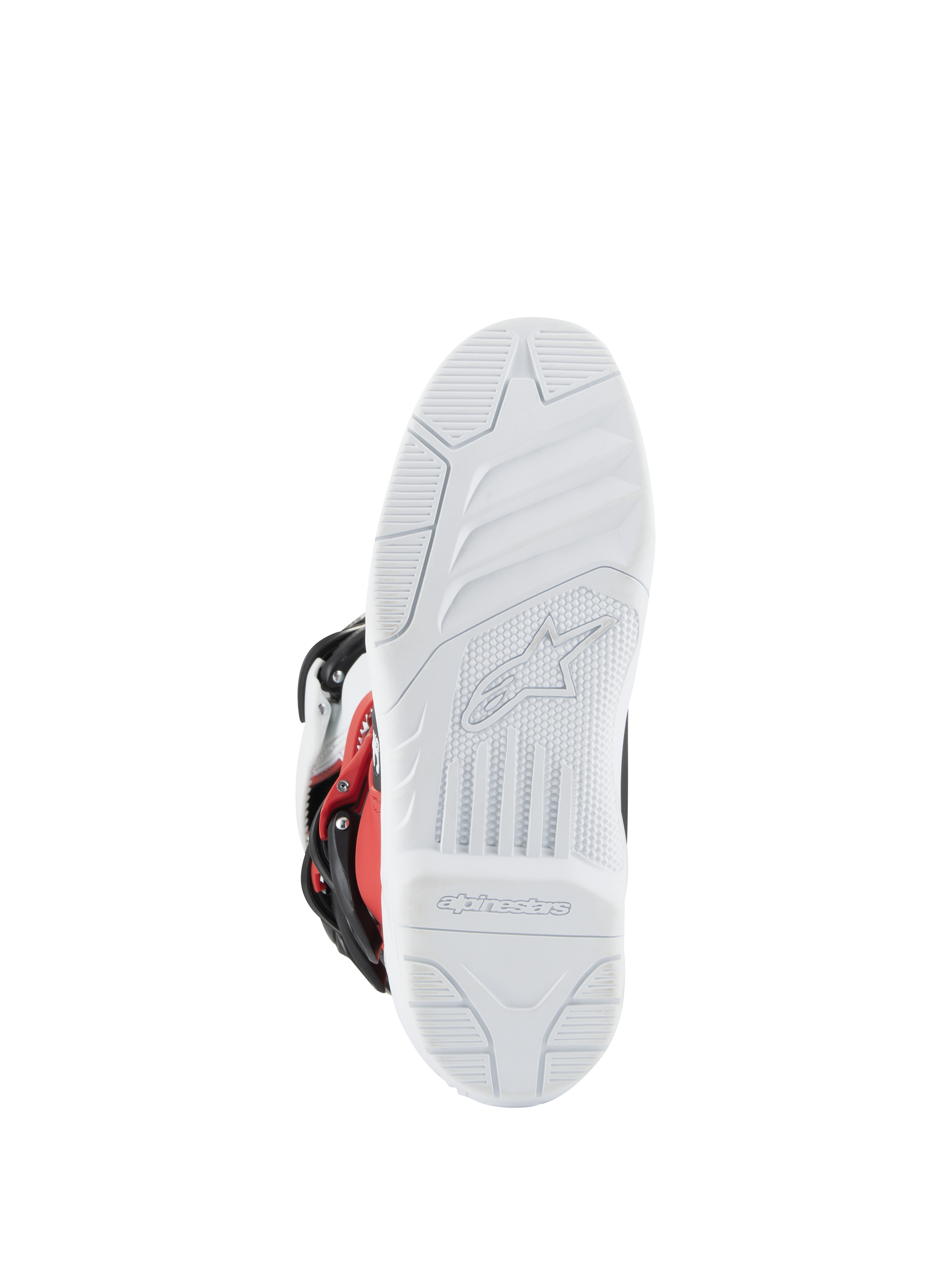 Botas Alpinestars Youth Tech 3S, botas de motocross, blanco, negro y rojo brillante, vista de la suela que muestra la banda de rodadura blanca texturizada con logotipo y marca Alpinestars moldeados, suela duradera para rendimiento off-road