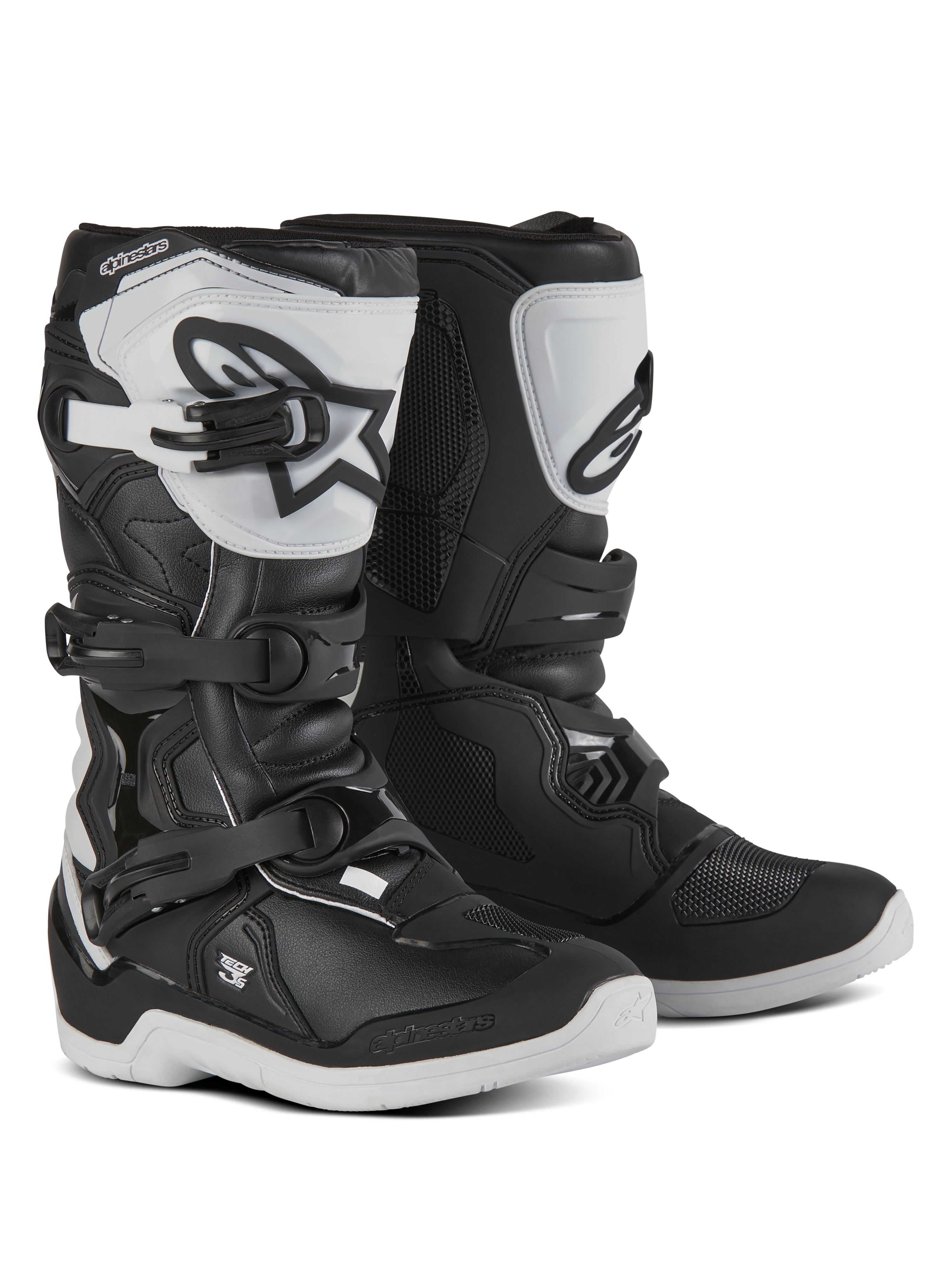 Botas Alpinestars Youth Tech 3S, botas de motocross para jóvenes pilotos, negras y blancas, con tres correas de hebilla ajustables, espinillera de TPU blanca con el logotipo de Alpinestars, protección de carcasa rígida reforzada y suela blanca resistente con dibujo, diseño de competición off-road