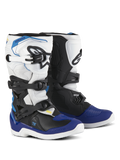 Botas Alpinestars Youth Tech 3S, botas de motocross, blanco, negro y azul esmalte, con sistema de cierre de múltiples hebillas, zonas de agarre texturizadas y suelas blancas, botas de motociclismo duraderas y protectoras para pilotos jóvenes