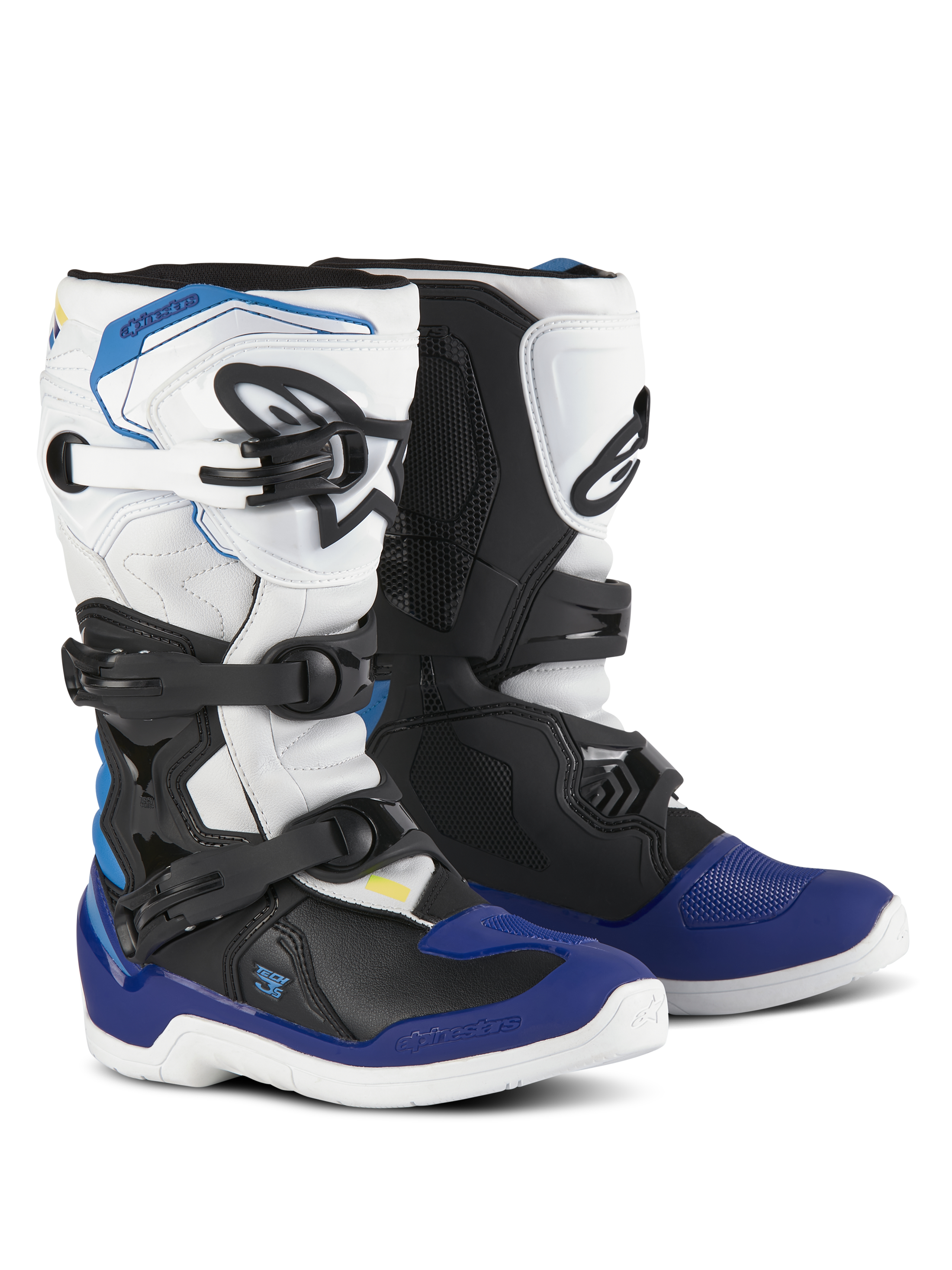Botas Alpinestars Youth Tech 3S, botas de motocross, blanco, negro y azul esmalte, con sistema de cierre de múltiples hebillas, zonas de agarre texturizadas y suelas blancas, botas de motociclismo duraderas y protectoras para pilotos jóvenes