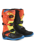 Botas Alpinestars Youth Tech 3S, botas de motocross para niños, naranja flúor, azul esmalte y amarillo flúor, suelas azules, sistema de cierre de tres hebillas, placas protectoras de espinilla de TPU, equipamiento de conducción off-road