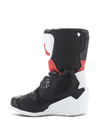 Alpinestars Kids Tech 3S Boots, Motocross Boots, White Black and Bright Red, side profile view featuring protective TPU panels, reinforced toe and heel, and textured lateral blade design for off-road racing.