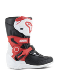 Alpinestars Kids Tech 3S Boots, Youth Motocross Boots, White Black and Bright Red, featuring a high-ankle protective design, adjustable red straps, white shin plate with red logo, and a durable white outsole.