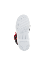 Alpinestars Kids Tech 3S Boots, Motocross Boots, White Black and Bright Red, bottom view of the white rubber sole featuring embossed Alpinestars logo and grip pattern for off-road racing