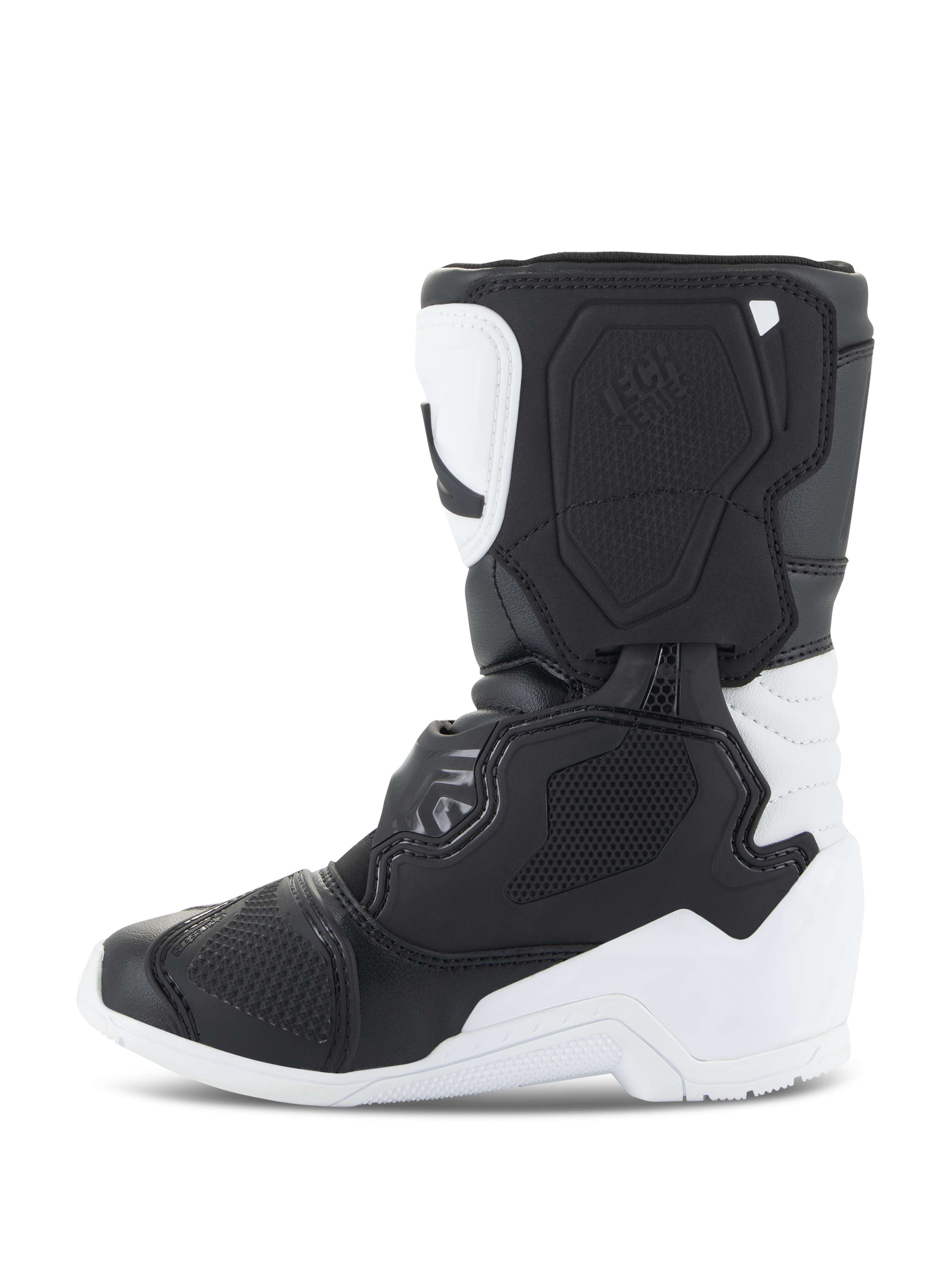 Alpinestars Kids Tech 3S Boots, Motocross Boots, White and Black, side profile view highlighting protective TPU plates, sturdy microfiber construction, and multi-panel design for young dirt bike riders.
