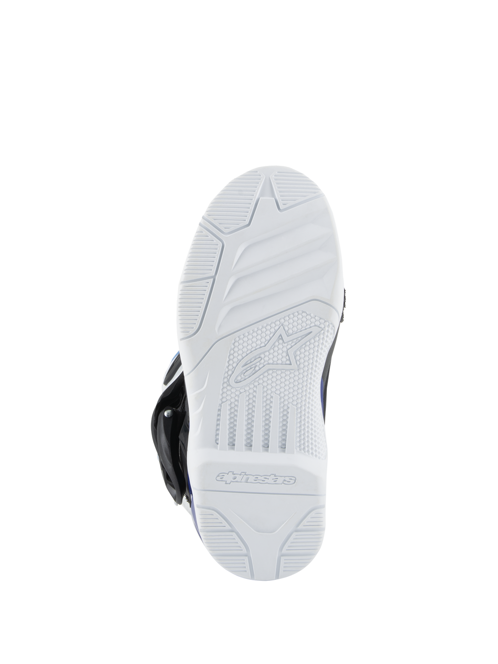 Alpinestars Kids Tech 3S Boots, Motocross Boots, White rubber outsole, textured tread for off-road grip, featuring the Alpinestars logo and wordmark on the bottom.