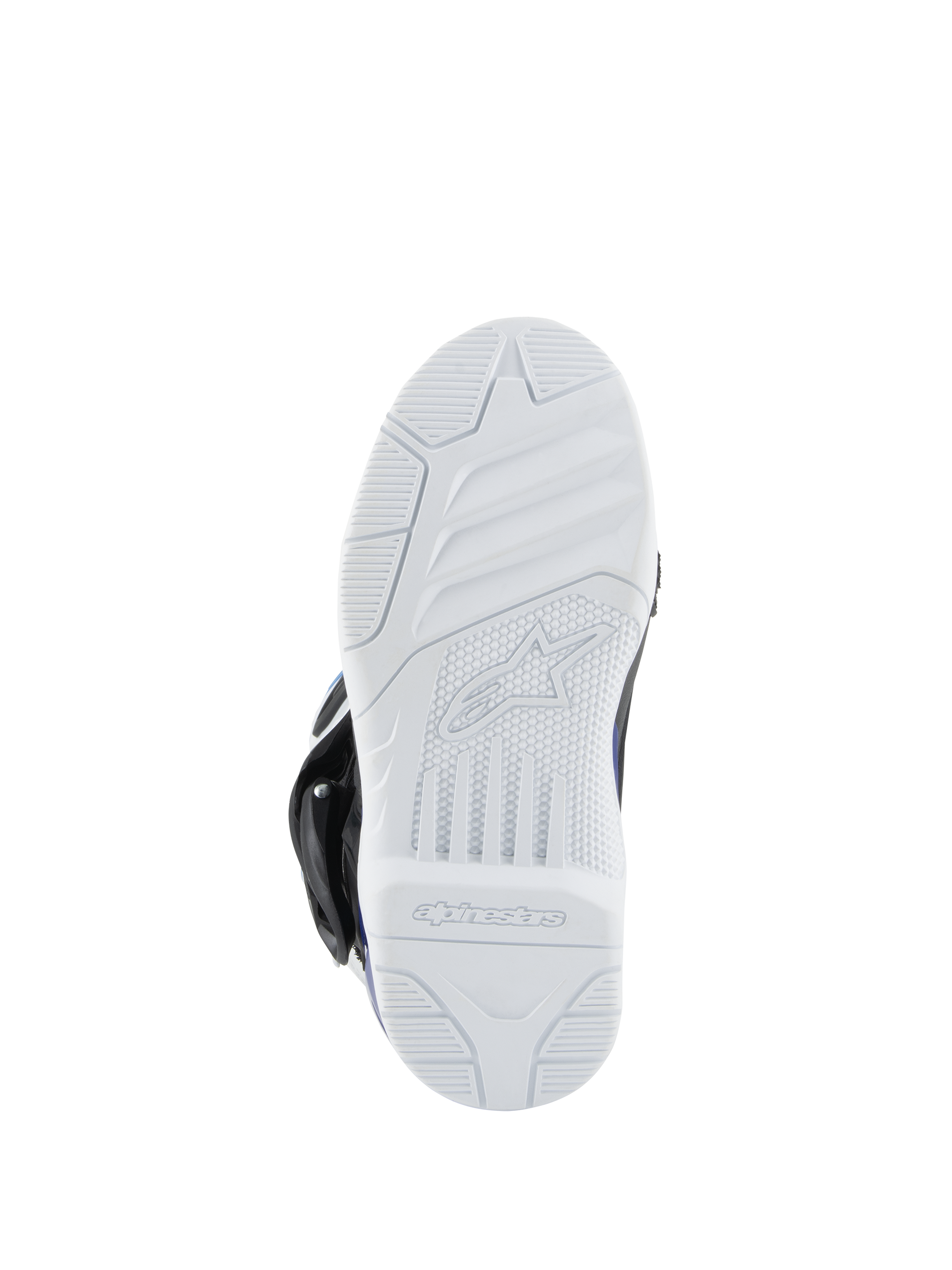 Alpinestars Kids Tech 3S Boots, Motocross Boots, White rubber outsole, textured tread for off-road grip, featuring the Alpinestars logo and wordmark on the bottom.