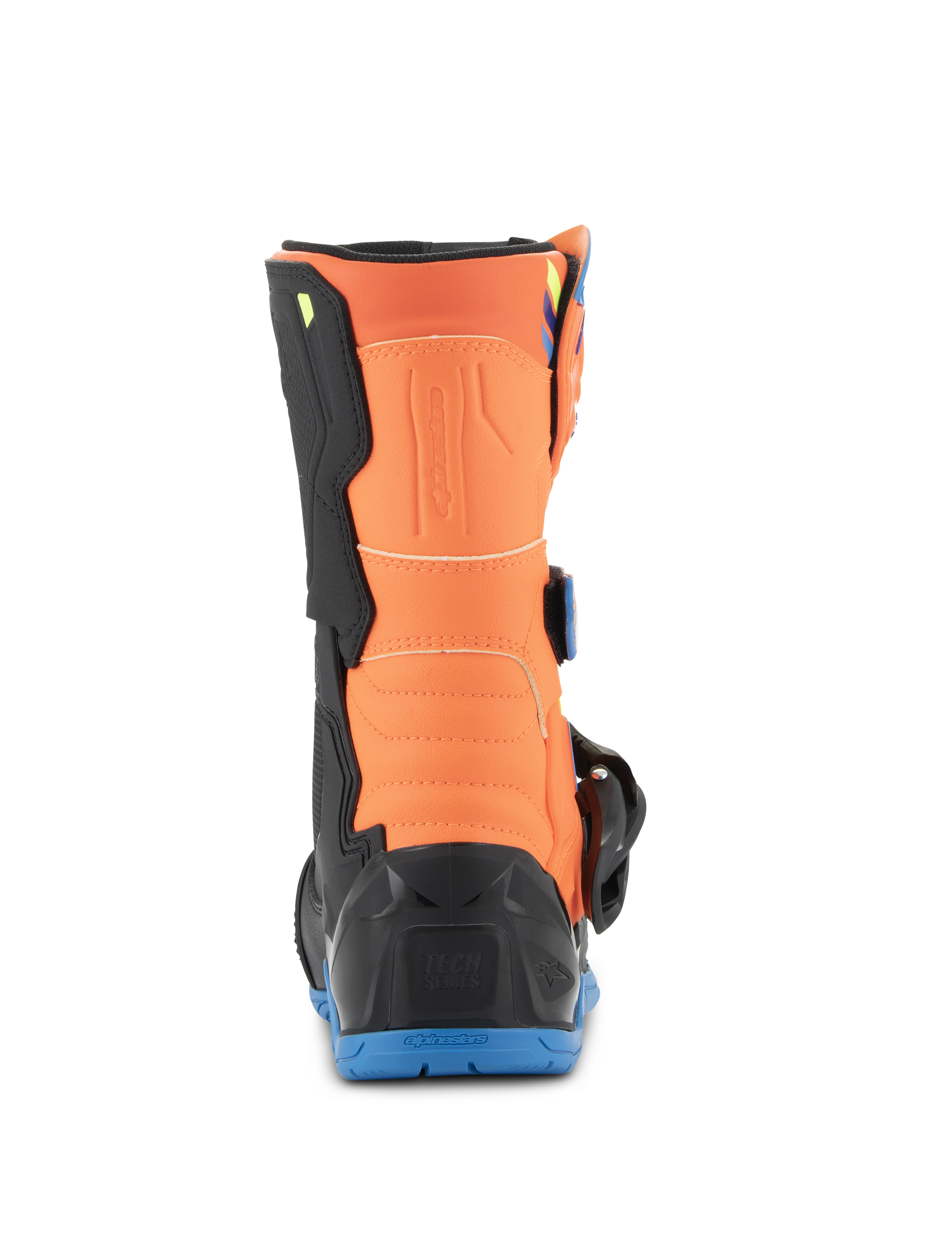 Alpinestars Kids Tech 3S Boots, Youth Motocross Boots, Orange Fluo and Enamel Blue, rear view showing the orange calf panel, black heel protector, and blue rubber outsole.
