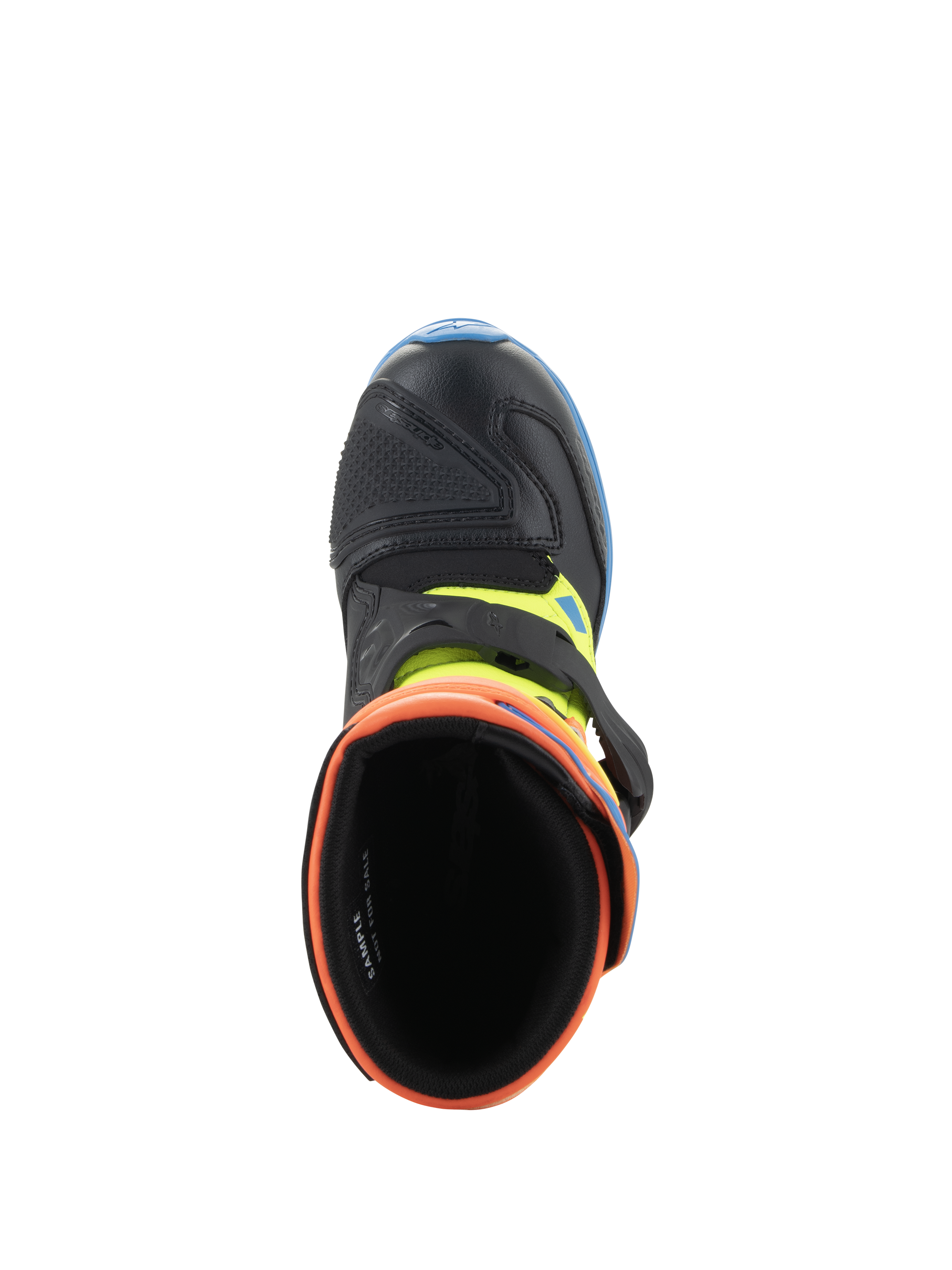 Alpinestars Kids Tech 3S Boots, Motocross Boots, Orange Fluo, Enamel Blue, and Yellow Fluo, top-down view looking into the cushioned opening, showing the black microfiber toe and buckle closure.