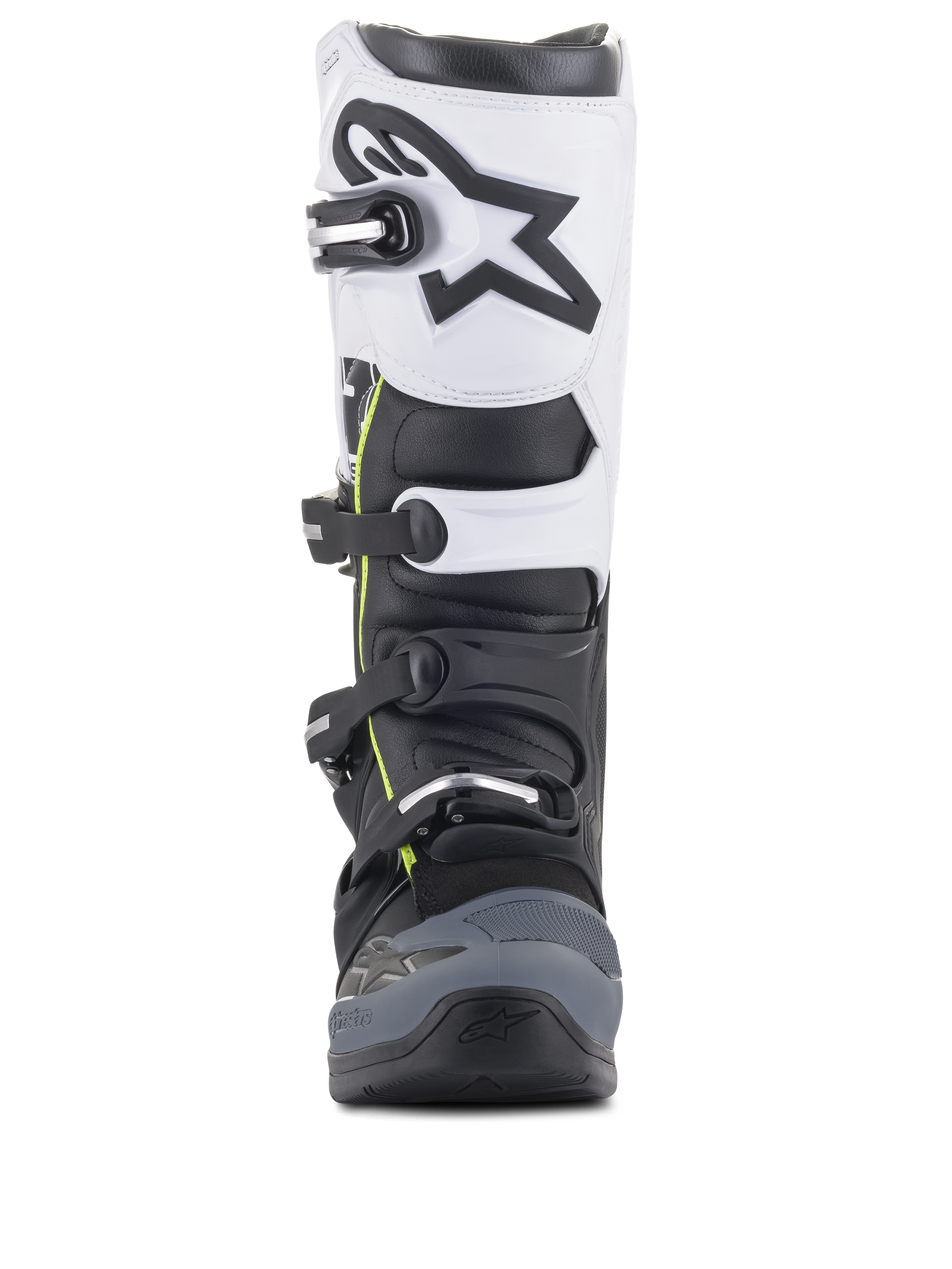 Alpinestars Tech 5 Boots, Motocross Boots, Black Dark Gray and White, front-facing view featuring a multi-buckle closure system, white upper panel with black Astars logo, dark gray reinforced toe, and subtle yellow accents