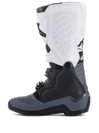 Alpinestars Tech 5 Boots, Motocross Boots, Black Dark Gray and White, side profile view featuring multiple buckle closures, embossed branding on the white shin plate, and durable construction for off-road performance
