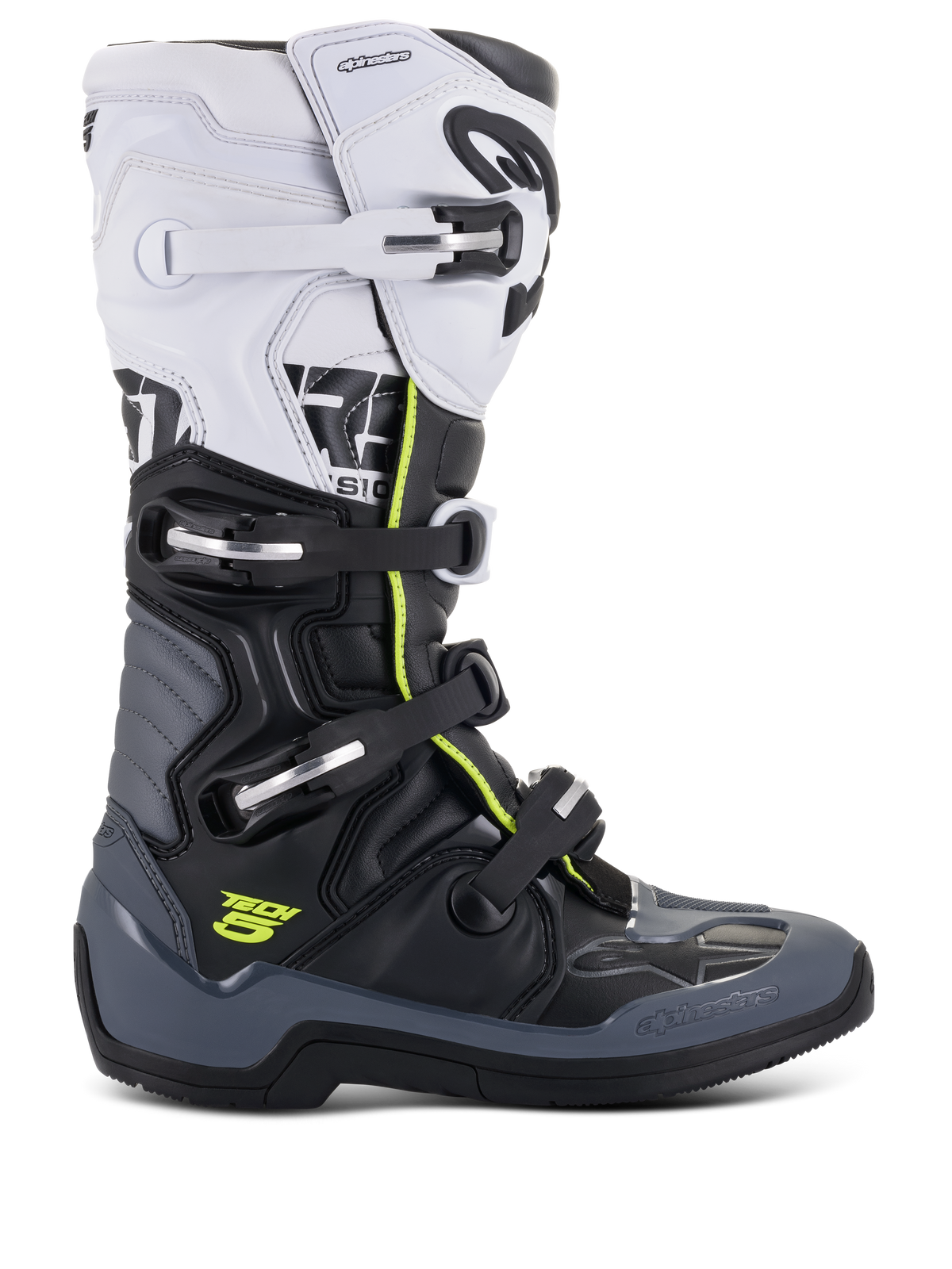 Alpinestars Tech 5, botas de motocross, blancas, negras y gris oscuro con acentos en amarillo fluorescente, sistema de cierre de cuatro hebillas, paneles de protección reforzados y pivote biomecánico, construcción de microfibra premium para rendimiento off-road