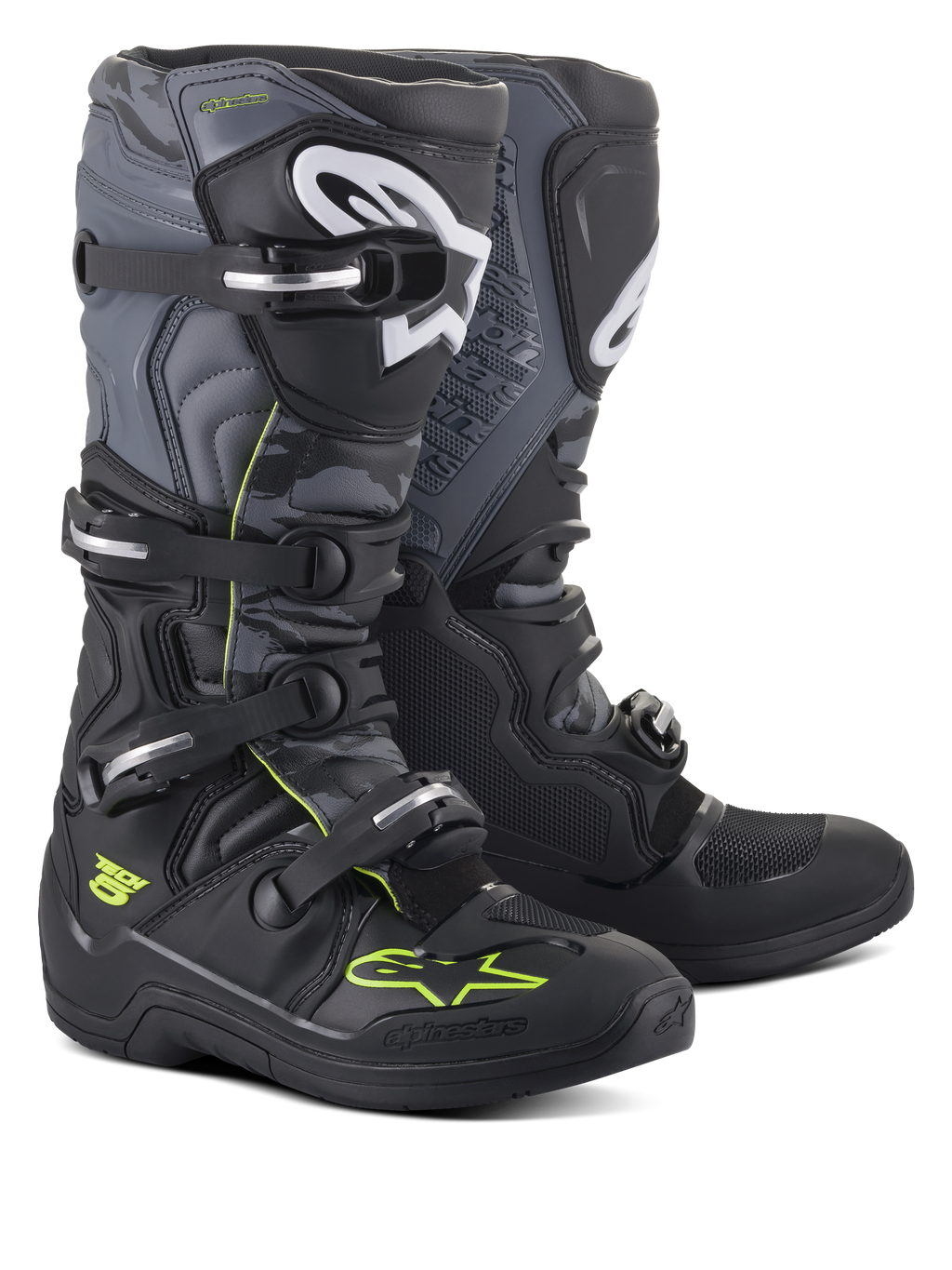 Botas Alpinestars Tech 5, botas de motocross y off-road, negro, gris frío y amarillo flúor, con sistema de cierre de cuatro hebillas, logotipos blancos en la espinilla y detalles en amarillo neón, construcción de microfibra duradera para rendimiento todoterreno