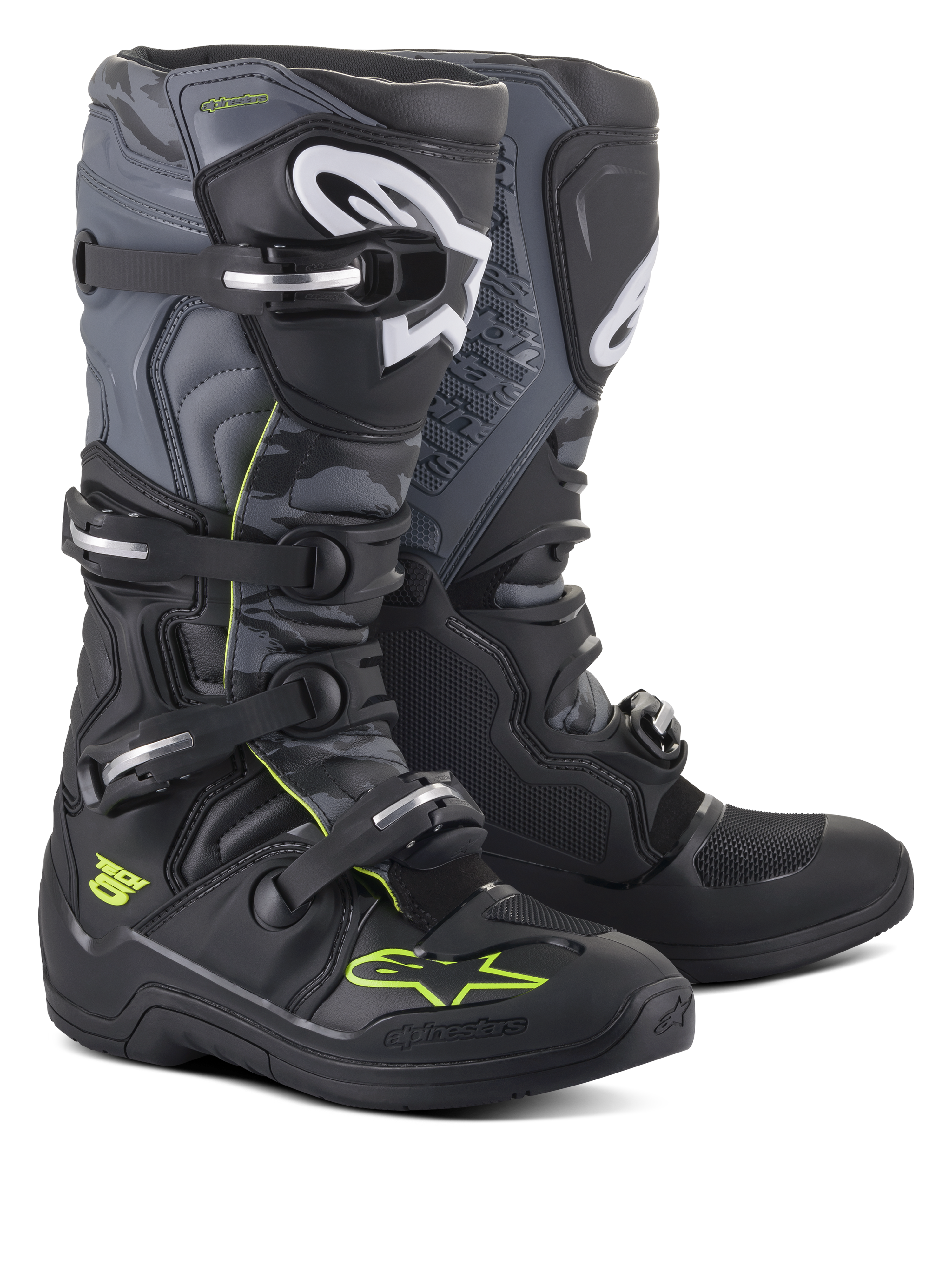 Botas Alpinestars Tech 5, botas de motocross y off-road, negro, gris frío y amarillo flúor, con sistema de cierre de cuatro hebillas, logotipos blancos en la espinilla y detalles en amarillo neón, construcción de microfibra duradera para rendimiento todoterreno
