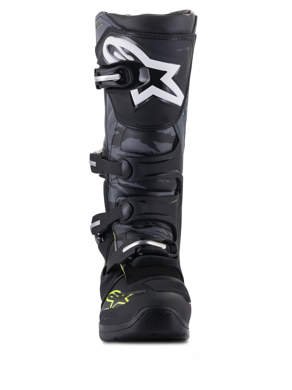 Alpinestars Tech 5, botas de motocross negras y gris frío con amarillo flúor, paneles de camuflaje y logo de estrella.