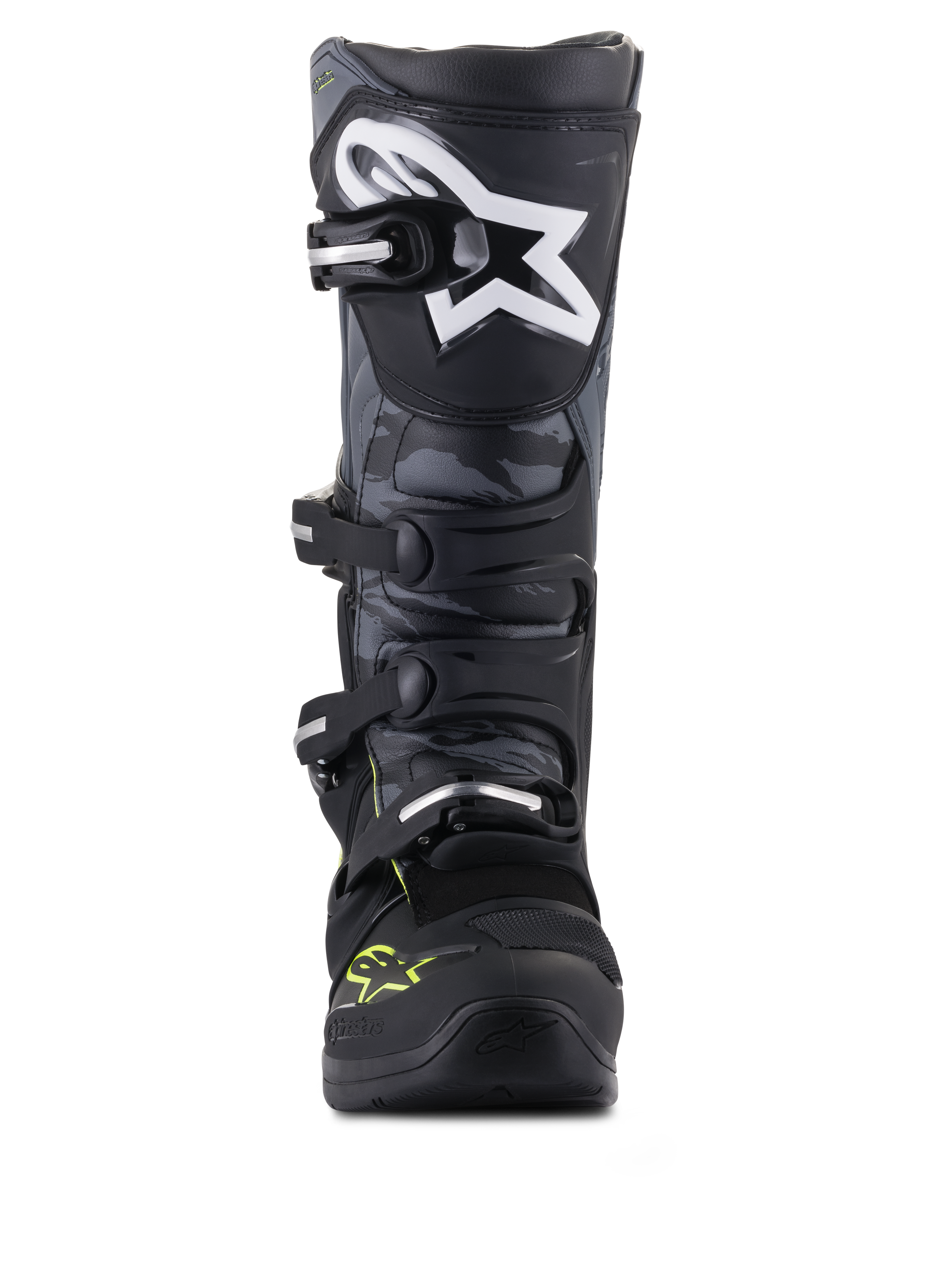 Alpinestars Tech 5, botas de motocross negras y gris frío con amarillo flúor, paneles de camuflaje y logo de estrella.