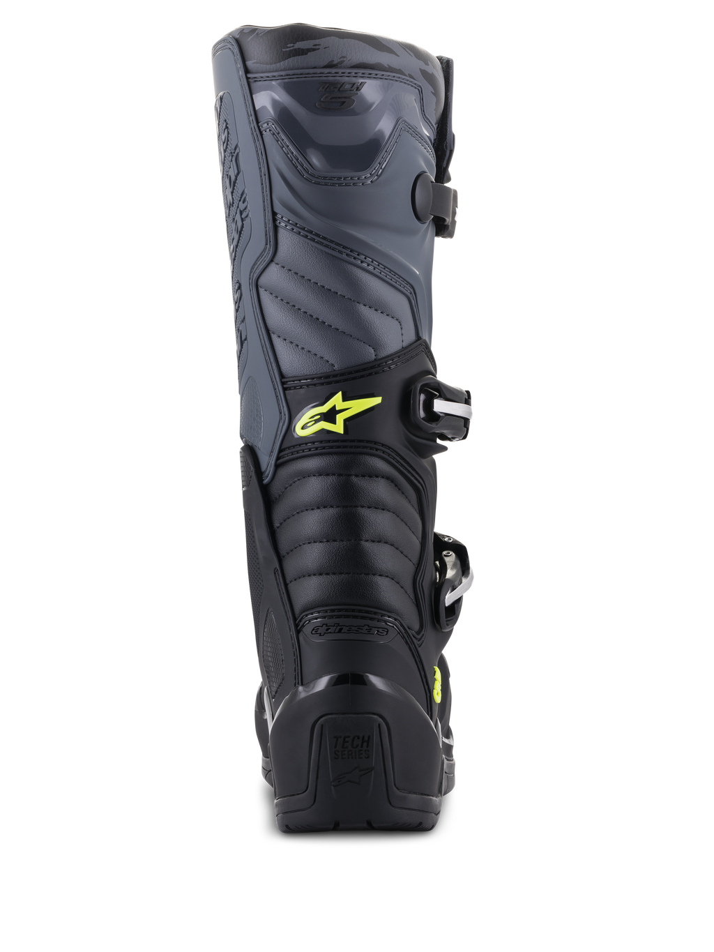 Botas Alpinestars Tech 5, botas de motocross, negro, gris frío y amarillo flúor, vista trasera que muestra las zonas de flexión en acordeón y protección en el talón, con logotipo Astars amarillo y marca Tech Series en relieve, construcción duradera de múltiples materiales para rendimiento todoterreno
