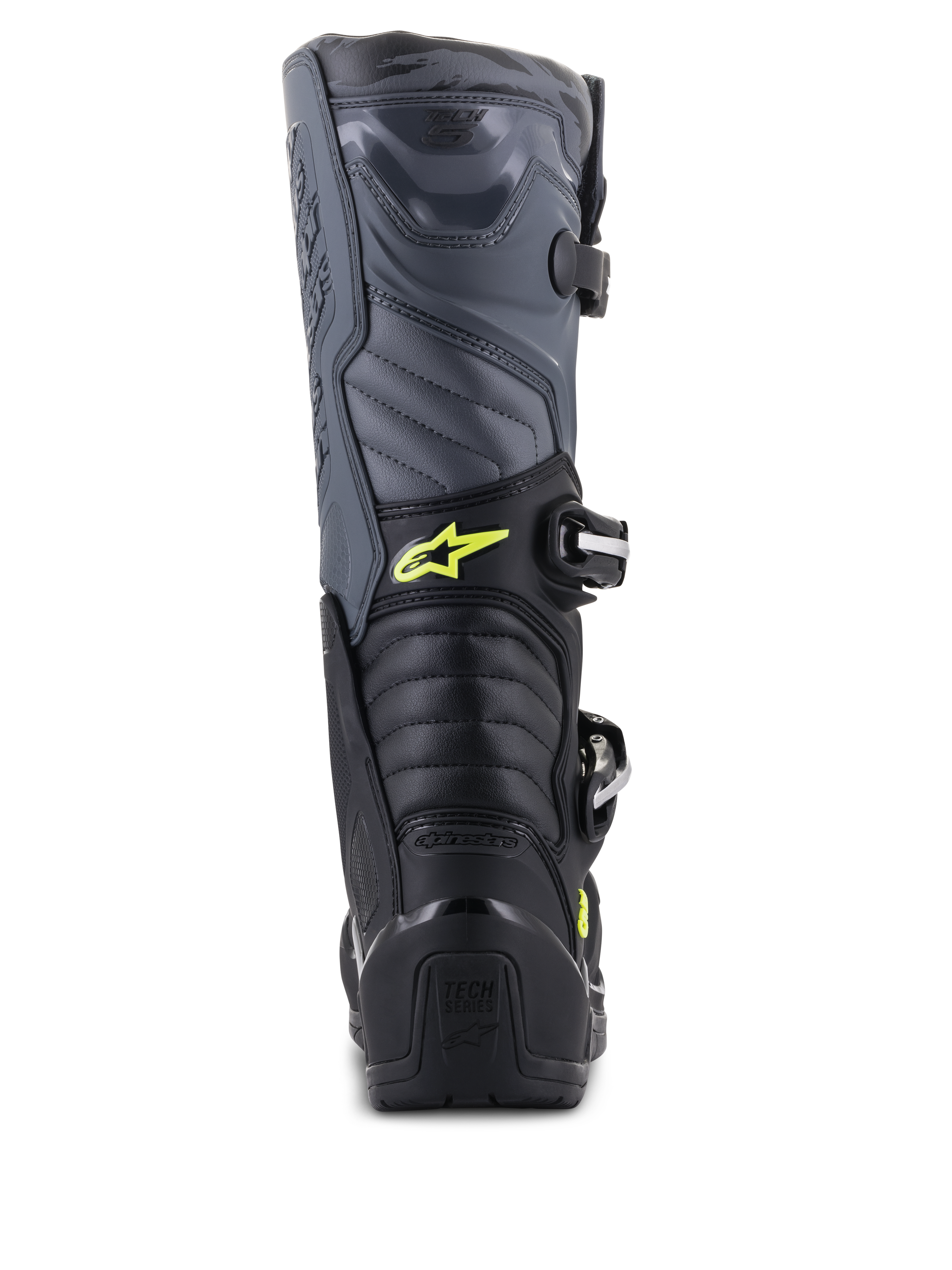 Botas Alpinestars Tech 5, botas de motocross, negro, gris frío y amarillo flúor, vista trasera que muestra las zonas de flexión en acordeón y protección en el talón, con logotipo Astars amarillo y marca Tech Series en relieve, construcción duradera de múltiples materiales para rendimiento todoterreno