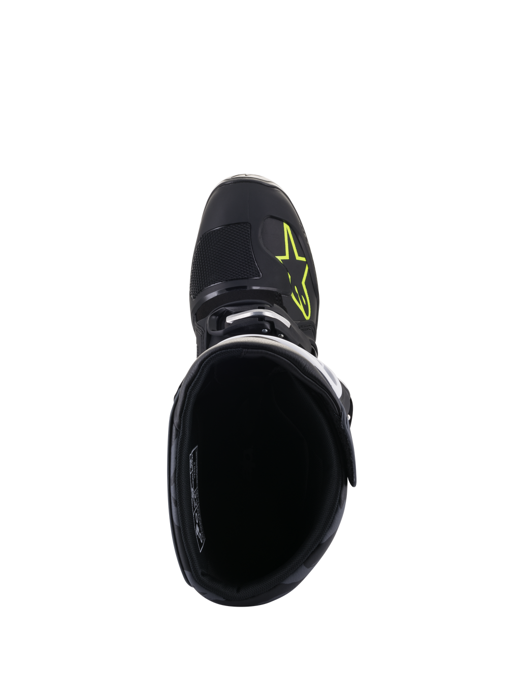 Botas Alpinestars Tech 5, vista superior, negro con logotipo amarillo fluo en la puntera, mostrando el forro interior y el cierre de hebilla, calzado de alto rendimiento para motocross y off-road