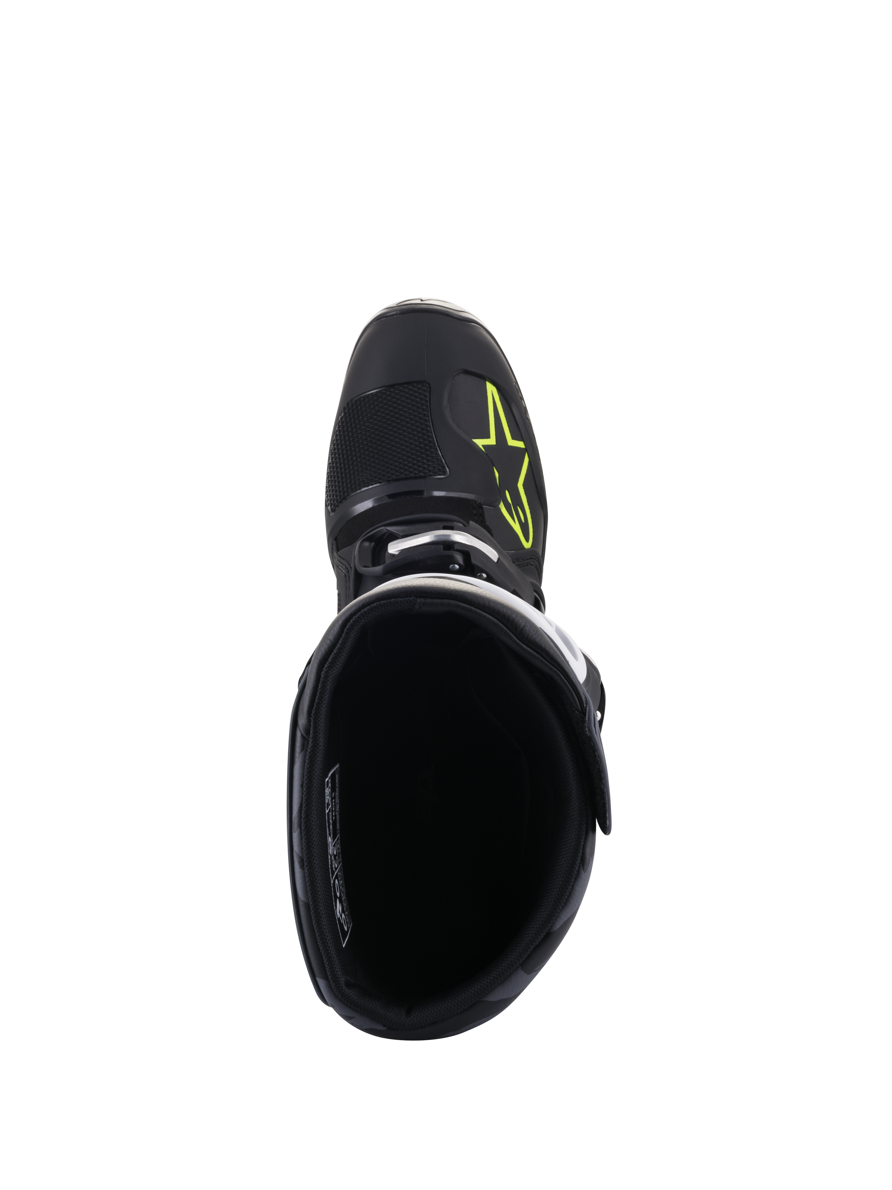 Botas Alpinestars Tech 5, vista superior, negro con logotipo amarillo fluo en la puntera, mostrando el forro interior y el cierre de hebilla, calzado de alto rendimiento para motocross y off-road