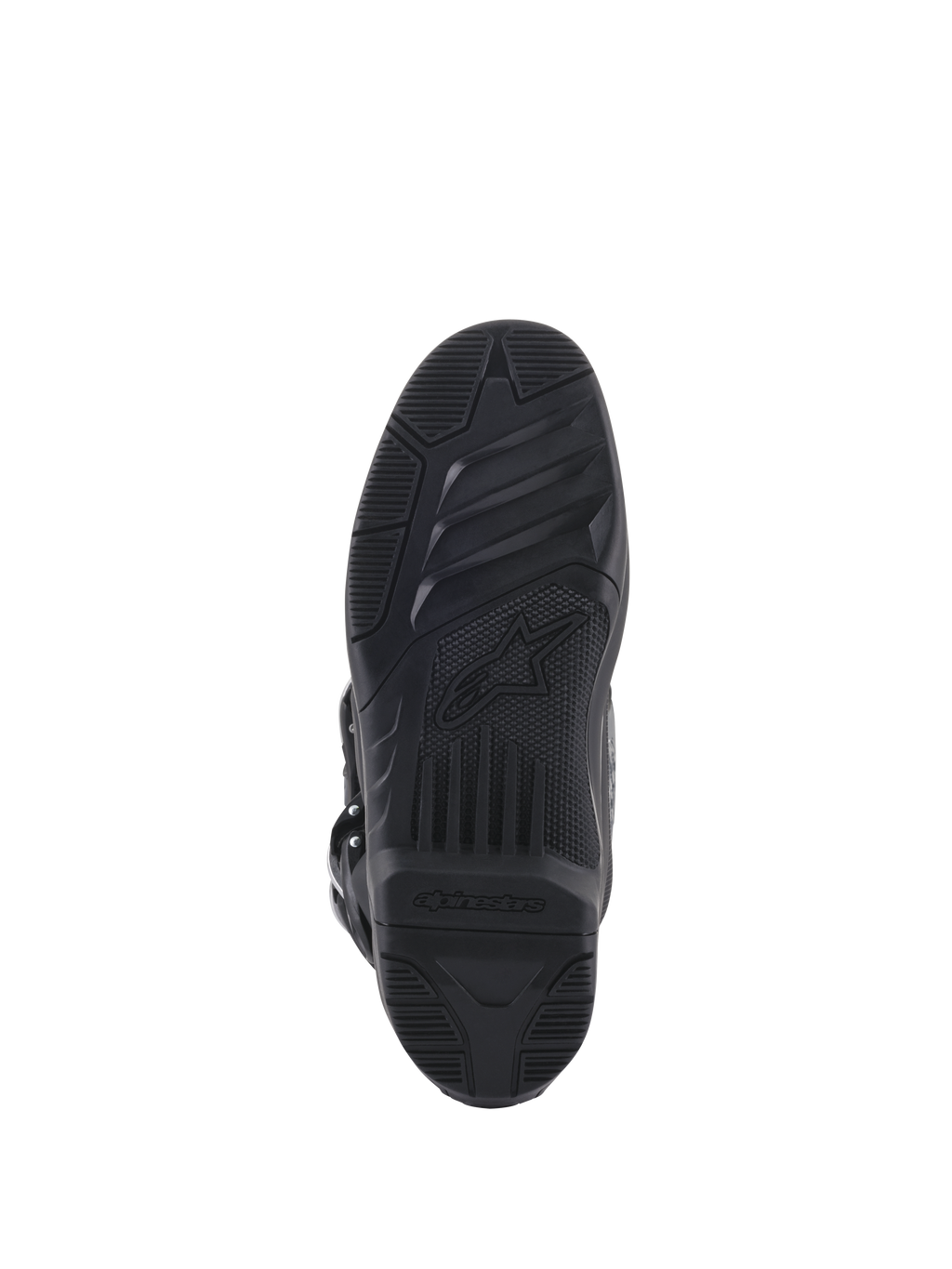 Botas Alpinestars Tech 5, vista inferior de la suela, goma negra con patrones de agarre texturizados, con el logo de la estrella y marca Alpinestars, diseño duradero para tracción en motocross y off-road