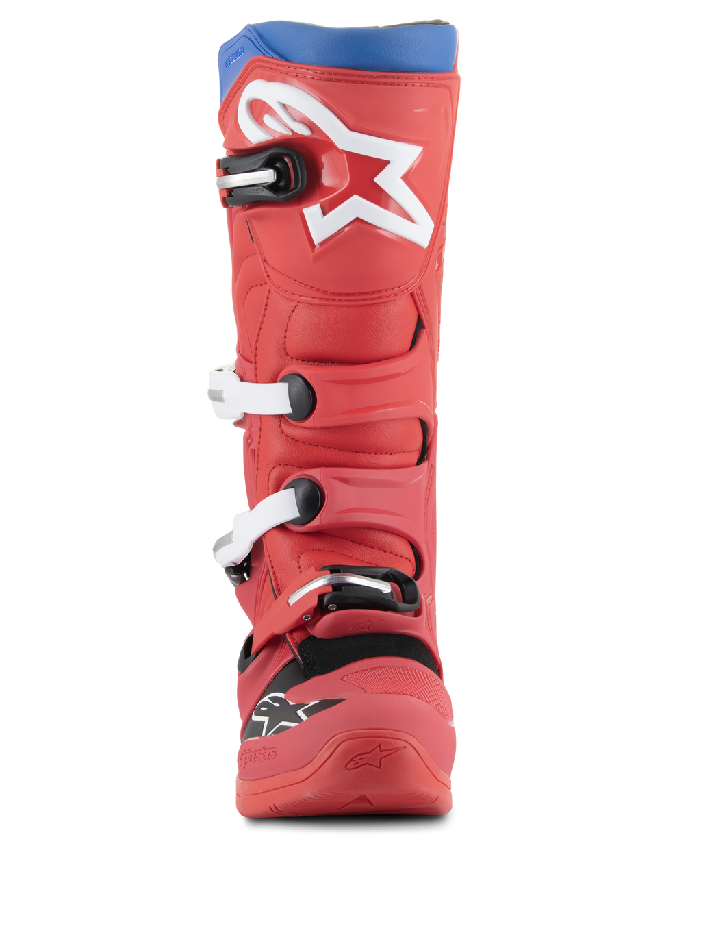 Botas Alpinestars Tech 5, botas de motocross, rojo brillante y azul alpino, vista frontal con un gran logotipo de estrella blanca en la espinilla, sistema de cierre de múltiples hebillas y diseño de microfibra resistente para rendimiento todoterreno
