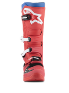 Botas Alpinestars Tech 5, botas de motocross, rojo brillante y azul alpino, vista frontal con un gran logotipo de estrella blanca en la espinilla, sistema de cierre de múltiples hebillas y diseño de microfibra resistente para rendimiento todoterreno
