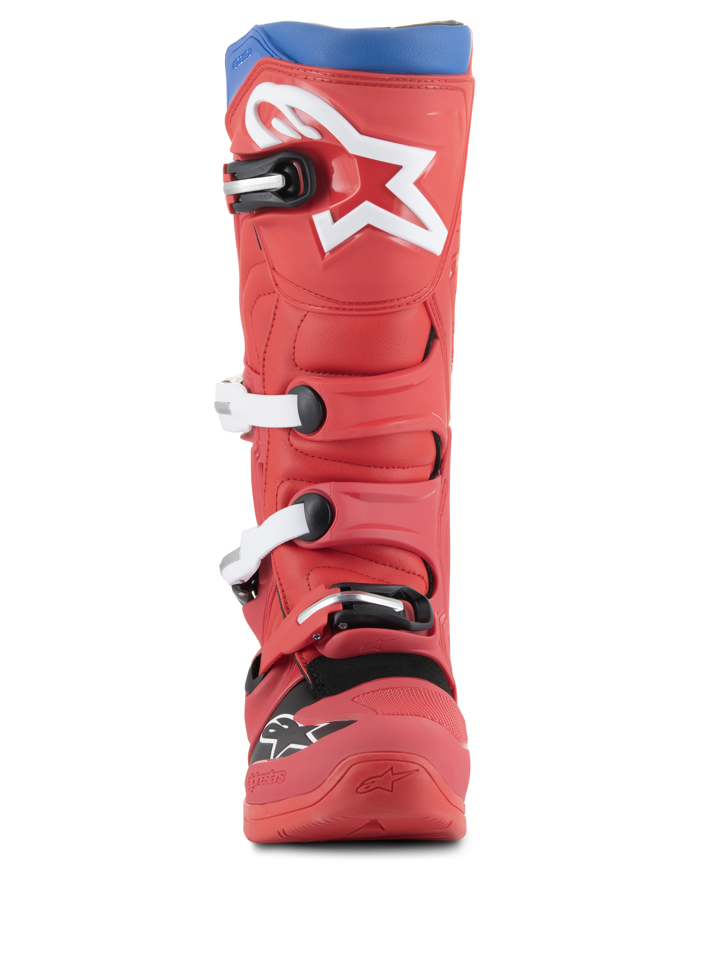 Botas Alpinestars Tech 5, botas de motocross, rojo brillante y azul alpino, vista frontal con un gran logotipo de estrella blanca en la espinilla, sistema de cierre de múltiples hebillas y diseño de microfibra resistente para rendimiento todoterreno