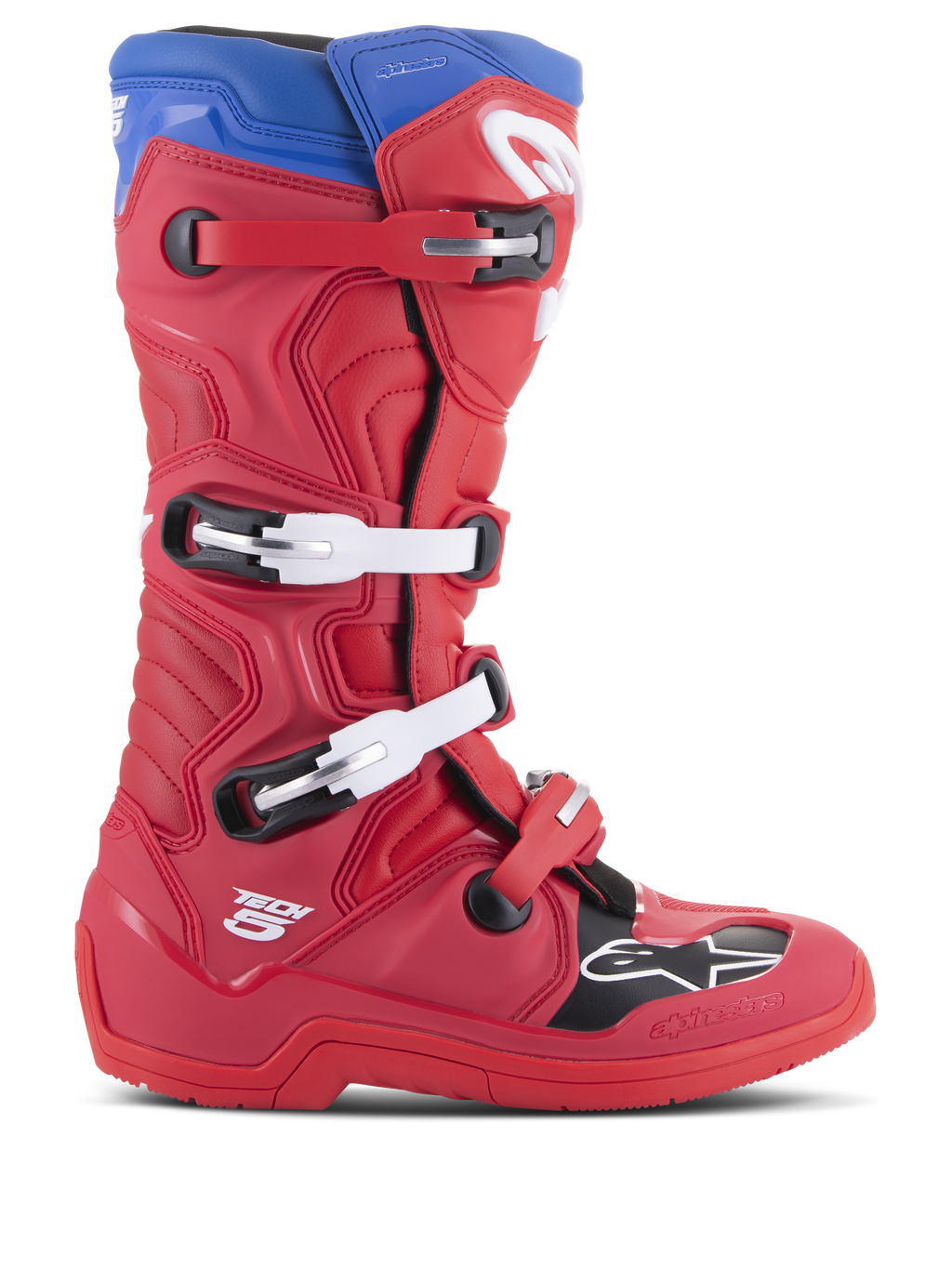Botas Alpinestars Tech 5, botas de motocross, rojo brillante y azul alpino, perfil lateral con sistema de cierre de cuatro hebillas, puntera reforzada con panel negro y logotipo blanco, chasis de microfibra duradera para protección todoterreno