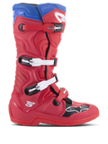 Botas Alpinestars Tech 5, botas de motocross, rojo brillante y azul alpino, perfil lateral con sistema de cierre de cuatro hebillas, puntera reforzada con panel negro y logotipo blanco, chasis de microfibra duradera para protección todoterreno