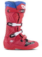 Botas Alpinestars Tech 5, botas de motocross, rojo brillante y azul alpino, perfil lateral con sistema de cierre de cuatro hebillas, puntera reforzada con panel negro y logotipo blanco, chasis de microfibra duradera para protección todoterreno