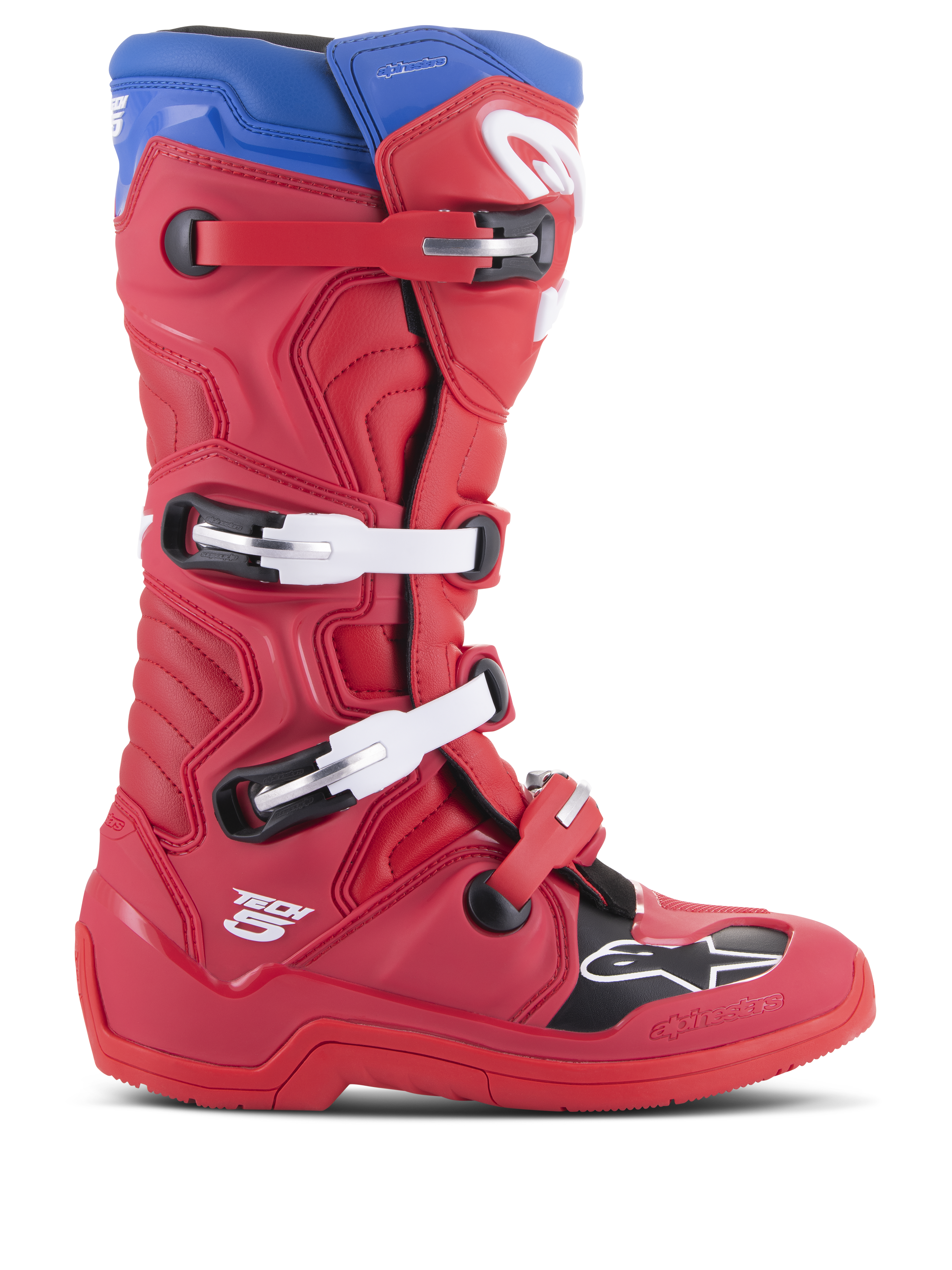 Botas Alpinestars Tech 5, botas de motocross, rojo brillante y azul alpino, perfil lateral con sistema de cierre de cuatro hebillas, puntera reforzada con panel negro y logotipo blanco, chasis de microfibra duradera para protección todoterreno