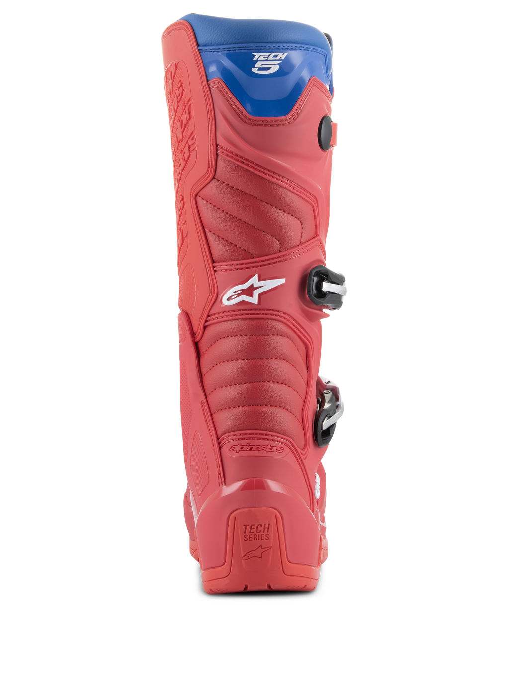 Botas Alpinestars Tech 5, botas de motocross, rojo brillante, rojo oscuro y azul alpino, vista trasera que muestra el talón, zonas de flexión en acordeón y polaina superior azul, con hebillas y marca visibles