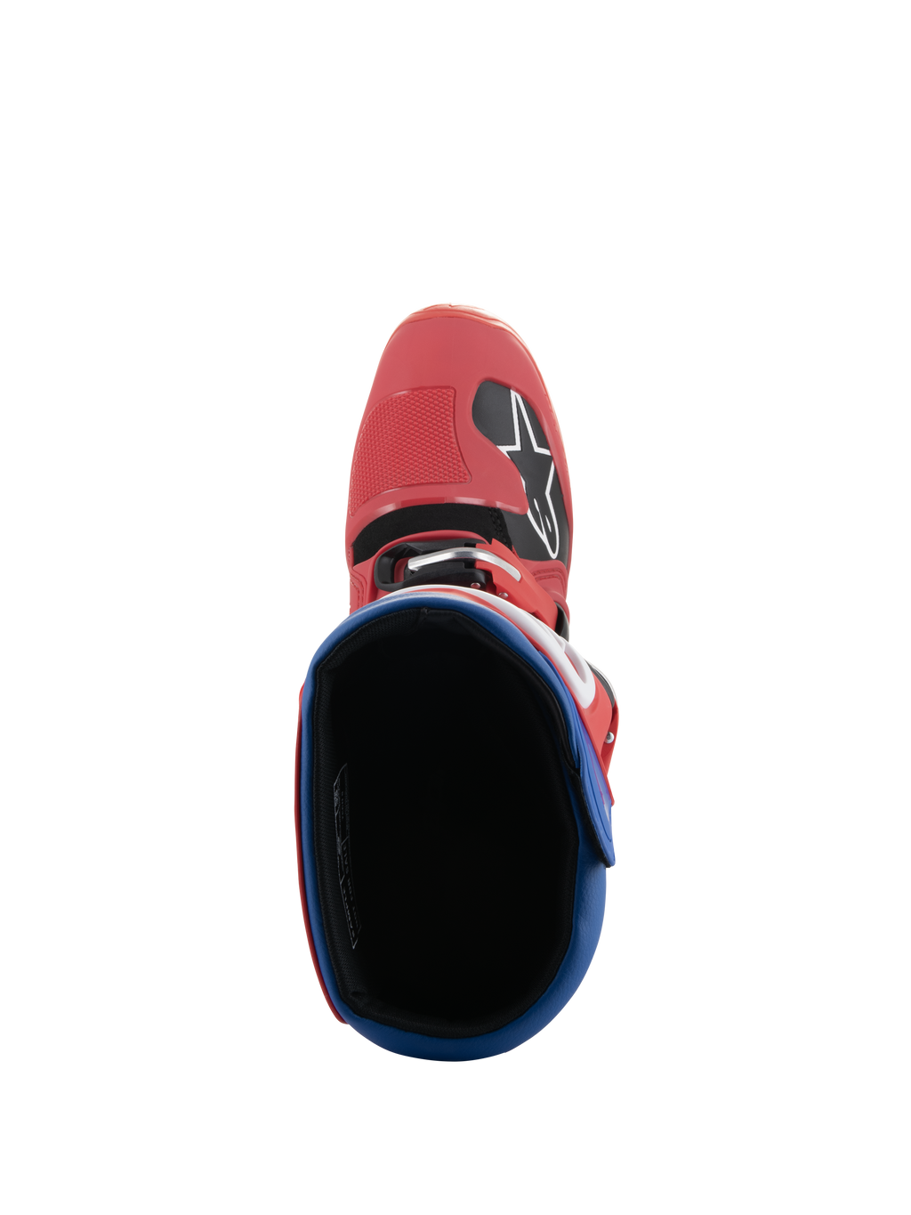 Botas Alpinestars Tech 5, botas de motocross, rojo brillante y azul alpino, vista cenital mirando hacia el interior de la bota, puntera de microfibra roja con el logotipo de Alpinestars, cuello acolchado azul, diseño duradero para carreras todoterreno