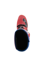 Botas Alpinestars Tech 5, botas de motocross, rojo brillante y azul alpino, vista cenital mirando hacia el interior de la bota, puntera de microfibra roja con el logotipo de Alpinestars, cuello acolchado azul, diseño duradero para carreras todoterreno