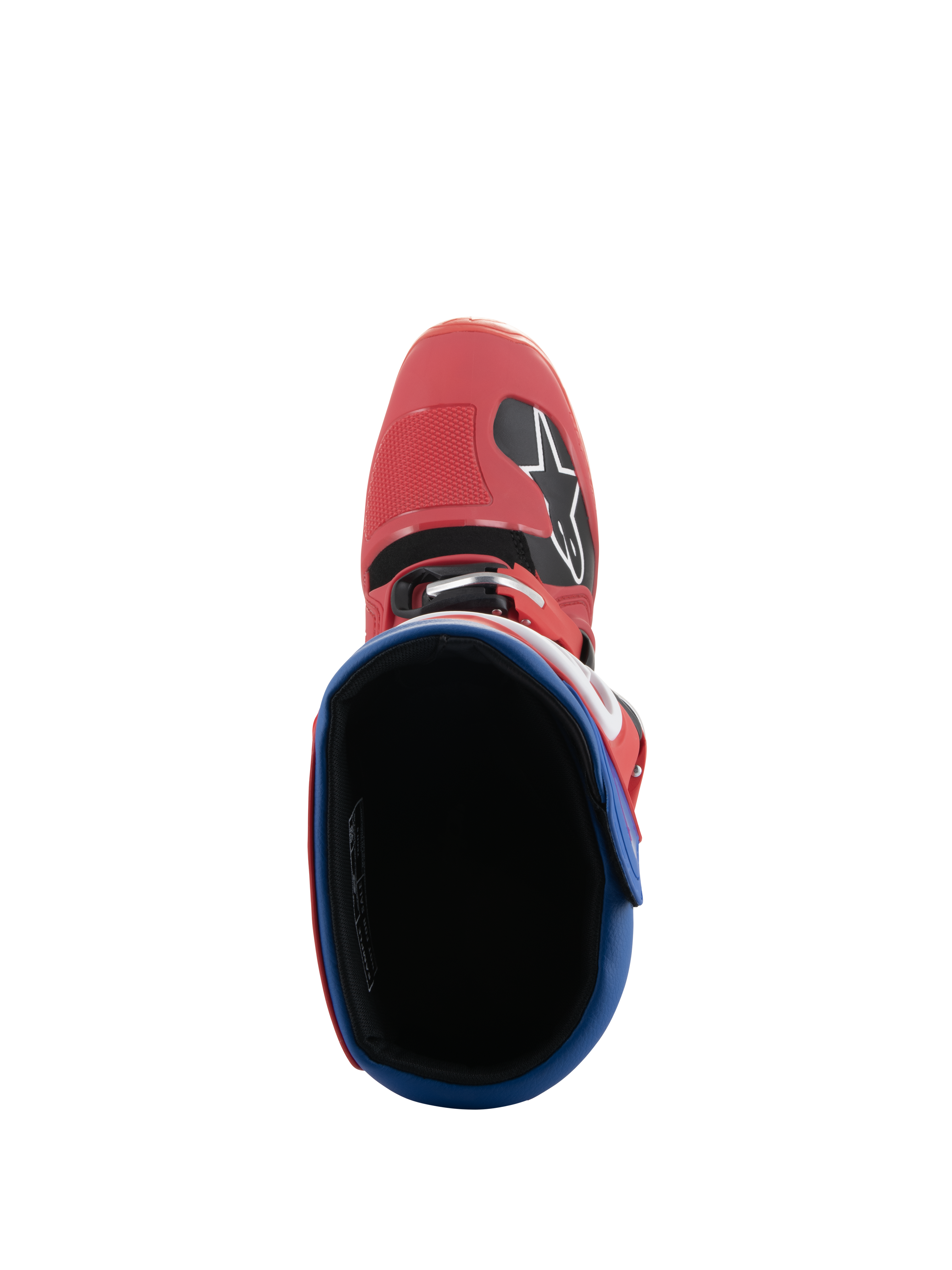 Botas Alpinestars Tech 5, botas de motocross, rojo brillante y azul alpino, vista cenital mirando hacia el interior de la bota, puntera de microfibra roja con el logotipo de Alpinestars, cuello acolchado azul, diseño duradero para carreras todoterreno